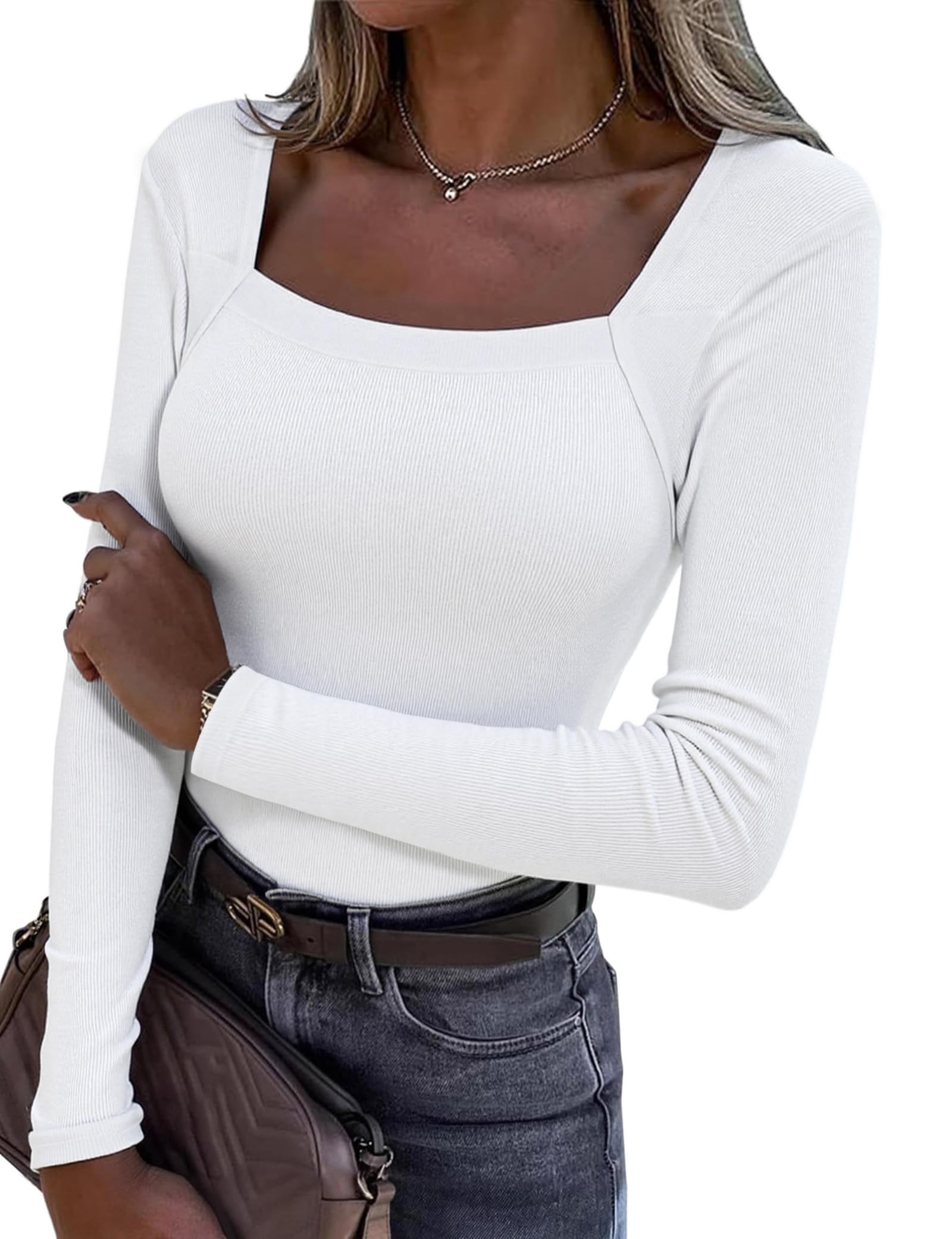 Aottori Maglie Donna Maniche Lunghe Scollo Quadrato Cotone Maglietta Elasticizzato Coste Tee Shirt Elegante T Shirt Slim Fit Sottogiacca Basic Top Leggera Casual