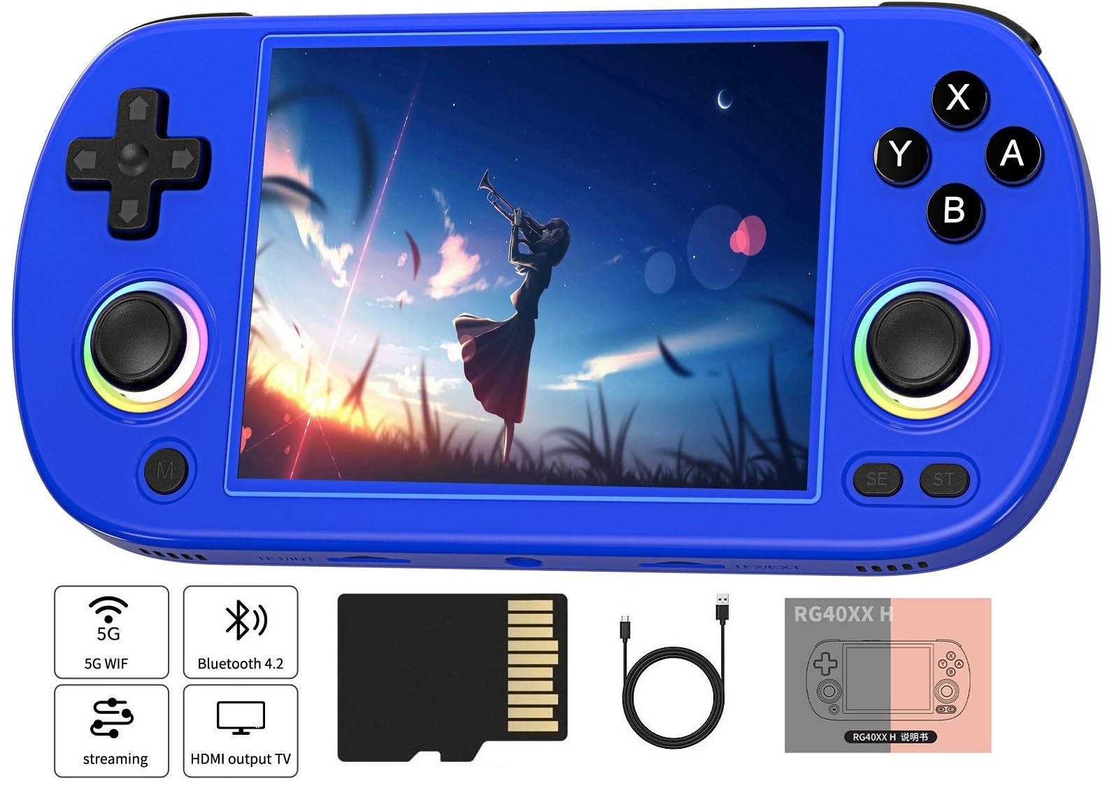 RG40XX H Retro Handheld Game Console , 4.0 Inch IPS Screen Linux System Built-in 64G TF Card 5488 Games Support TV Output 5G WIFI Bluetooth 4.2 (RG40XXH-Blue)