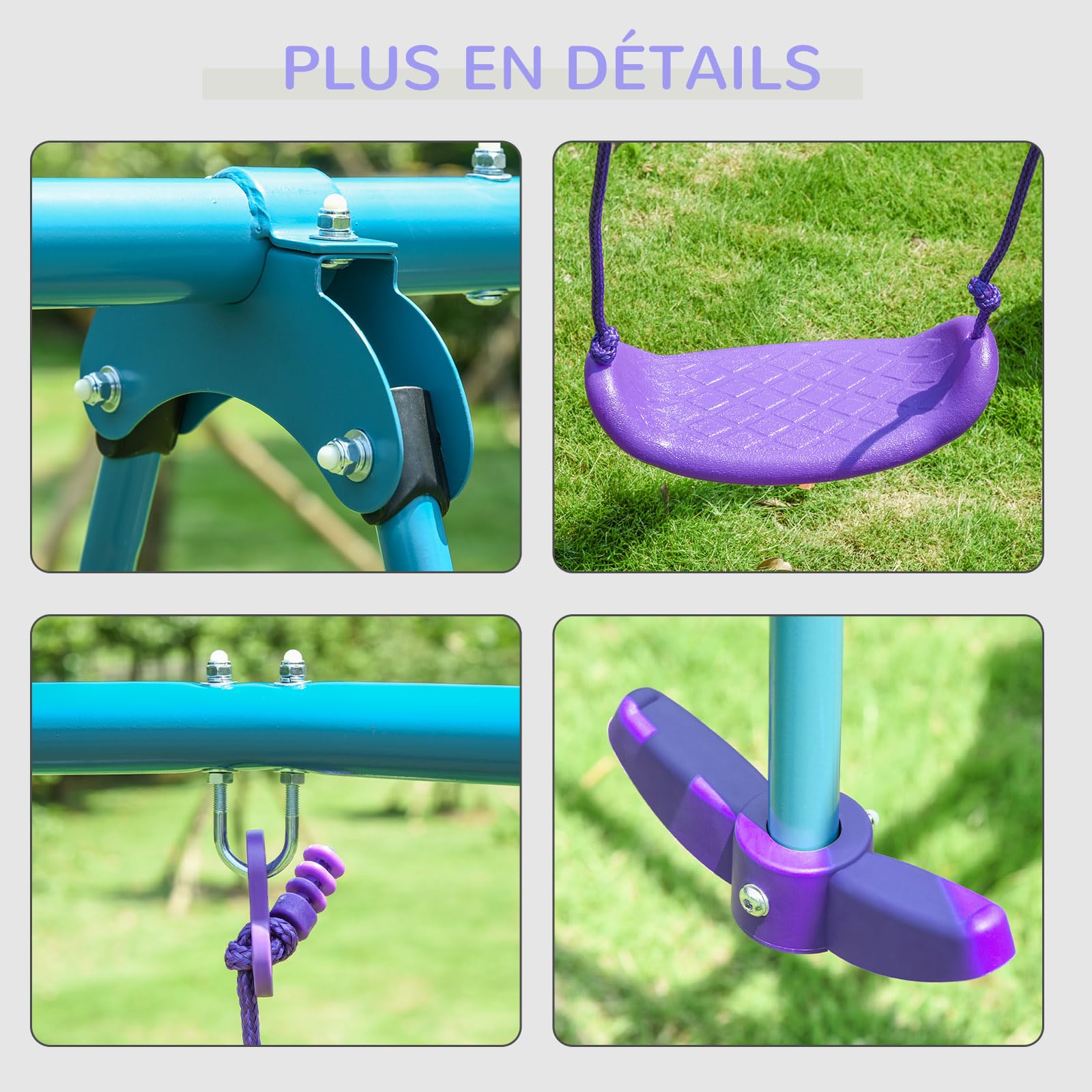 Outsunny Balançoire Portique Extérieur Enfant 3 en 1 Charge 180 kg Violet | 1 Balançoire Face à Face, 2 Sièges de Balancelle, Hauteur Réglable, en Métal, pour 3+ Ans