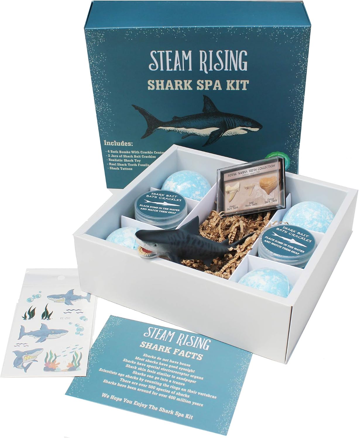 Shark Bath Toy Spa Kit: Organic Shark Bath Bombs w/Bath Crackles Inside, Vinyl Shark Toy, 2 Jars Bath Crackles, Tattoos, Shark Tooth Necklace | Boys Shark Birthday Gift | Safe Natural & Organic