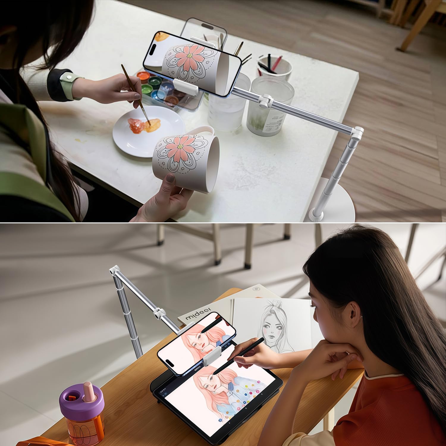 Support de téléphone au sol, bras de chevet réglable, support de téléphone pour enregistrer des prises de vue aériennes, support de téléphone en aluminium rotatif à 360°, compatible avec iPhone