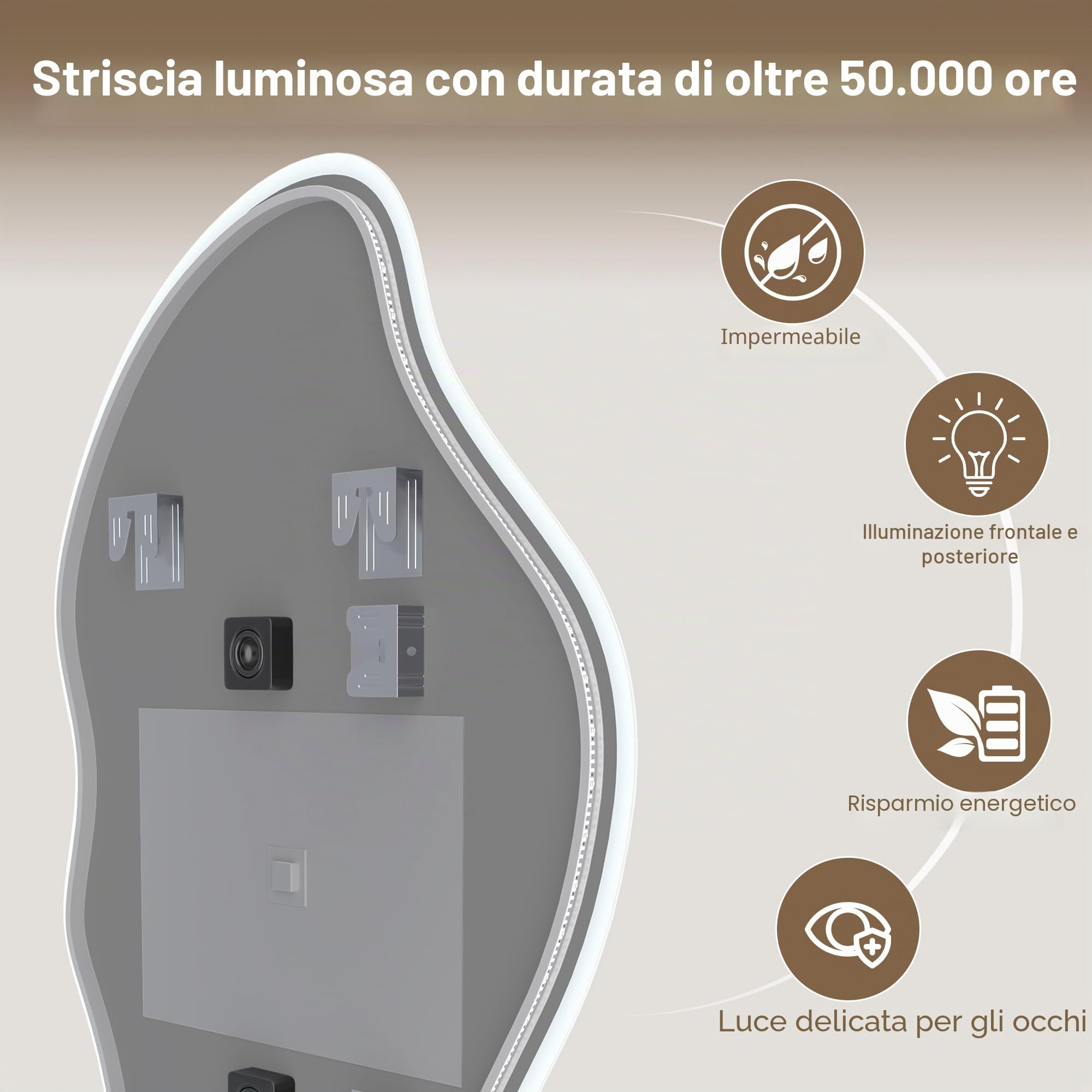 STARLEAD 100x60cm Irregolare Specchio-Bagno-con-Luce e Bluetooth, Asimmetrico Specchiera-Bagno con Dimmerabile, 3 Colori Luce, Antifog, Memoria, IP44, HD Vetro Temperato, Orizzontale/Verticale