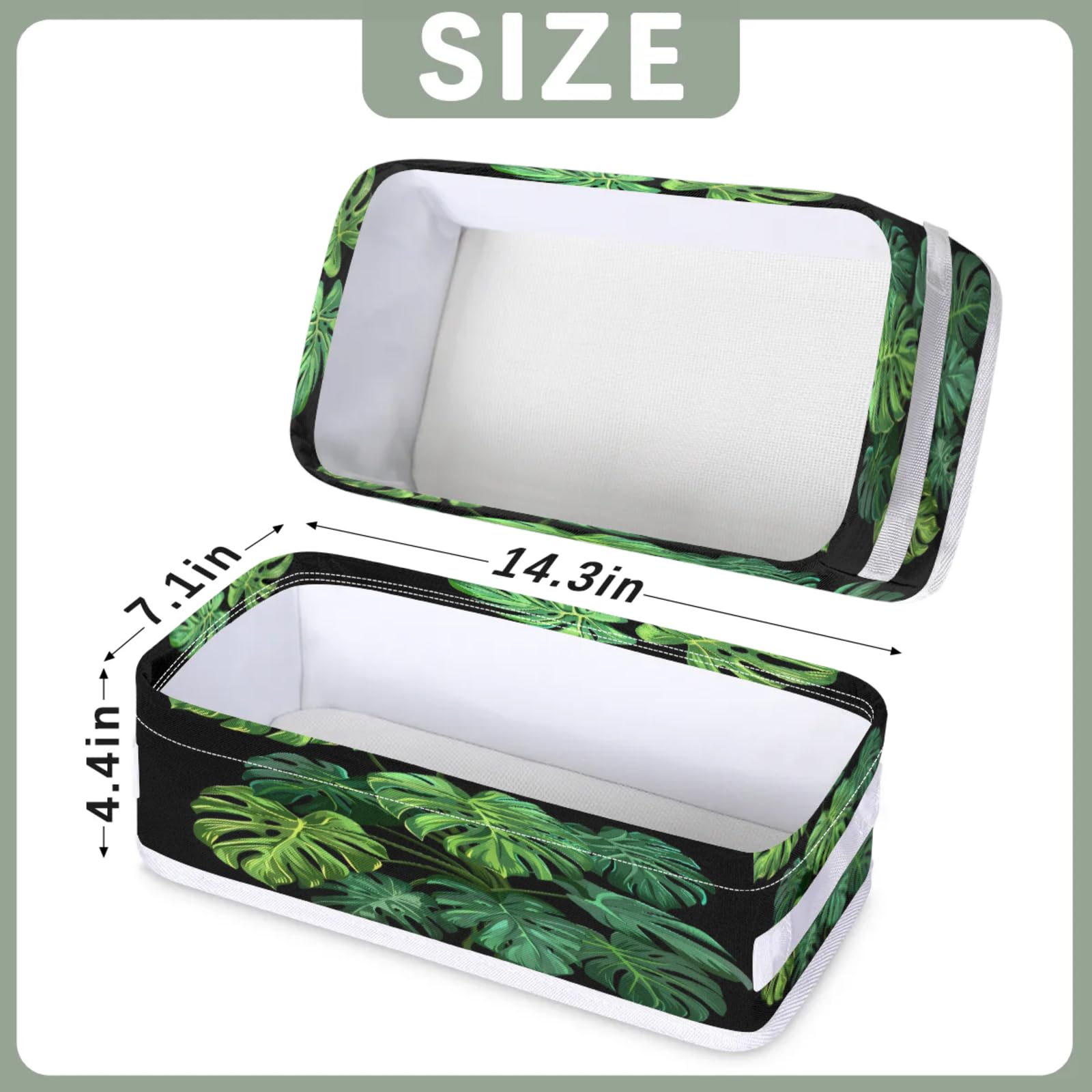 Tablerazzi Toilet Tank Topper Paper Basket with Handle, Tropical Palm Leaves Bathroom Storage Basket for Organizing, Green Palm Monstera Leaf Small Fabric Storage Bins for Bathroom Decor