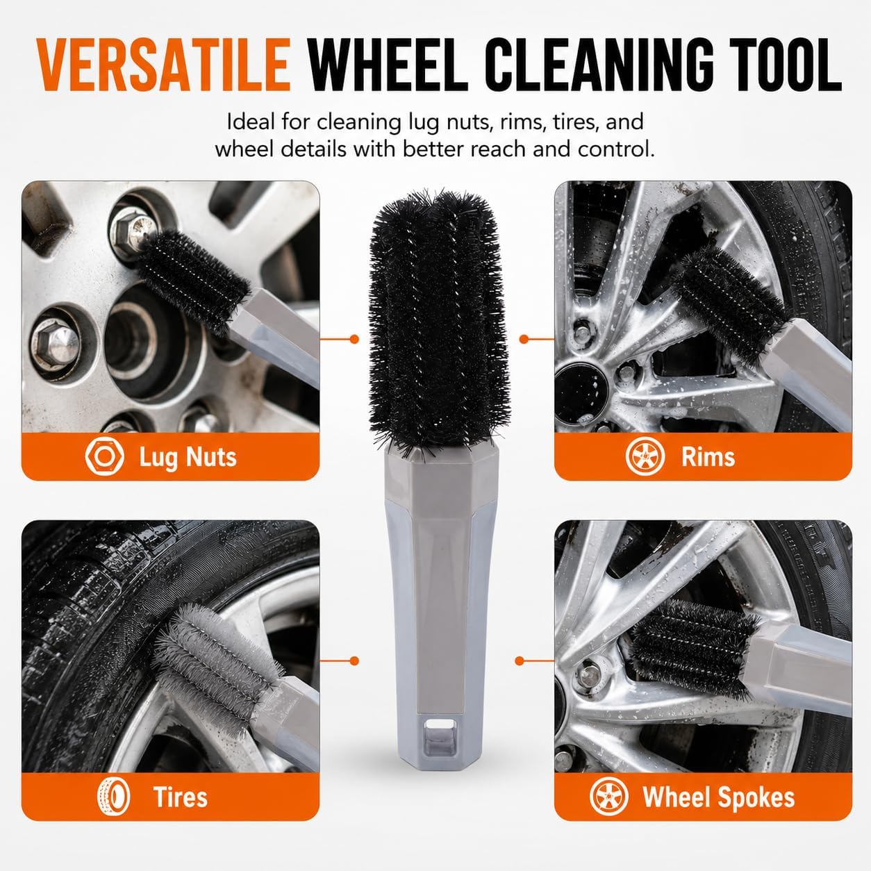 ULTECHNOVO Car Lug Nut Brush with Flexible Bristles Ergonomic Handle Wheel and Rim Cleaning Tool for Tire Hub Screw Detailing 7.28X1.96X1.96 Inch