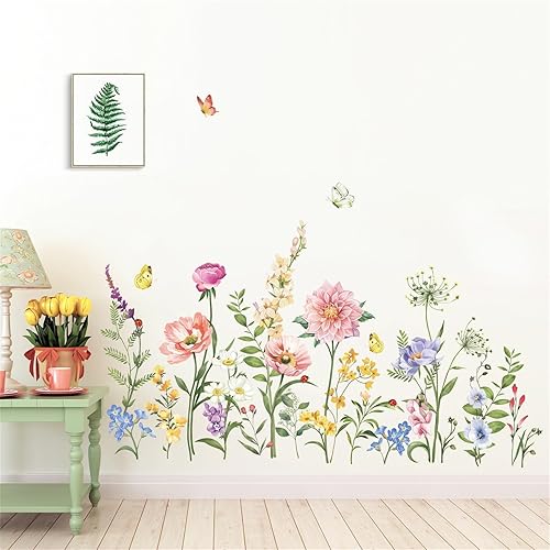 wondever Pegatinas de pared de flores de jardín, peonía de amapola rosa, mariposas florales, despegar y pegar, calcomanías artísticas para pared