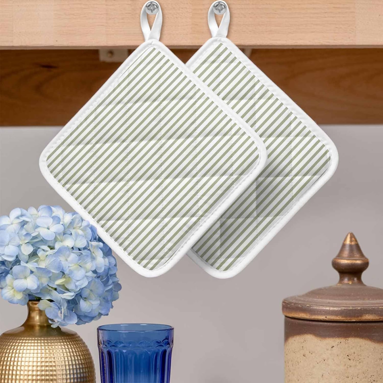 Sage Green Stripes Pot Holders for Kitchen Heat Insulation, Modern Farmhouse Striped Simple Classic Potholders Hot Pads with Hanging Loop, Washable Oven Mitts Pot Holder Trivet for Cooking 5 Pack