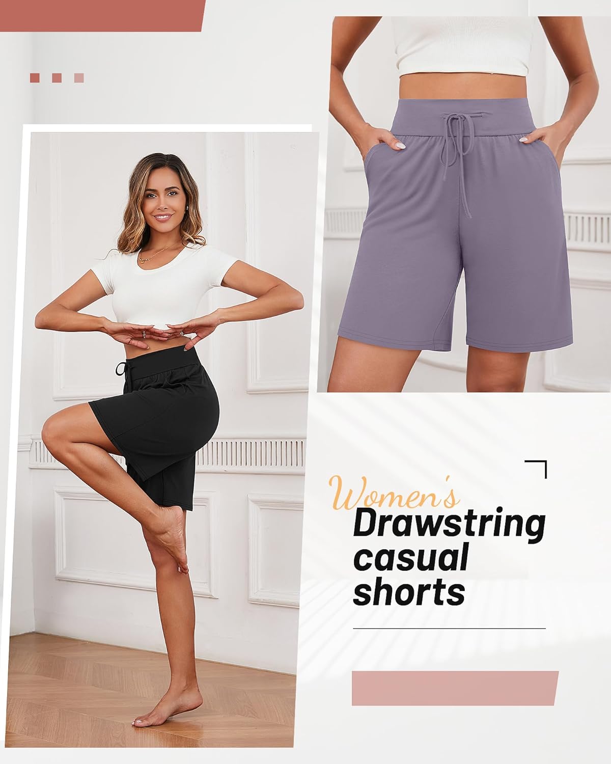 Neer 3 Pack Cotton Bermuda Shorts for Women Wide Leg High Waisted Drawstring Gym Shorts with Pocket(Black, Dark Gray, White,XXL) - Image 6