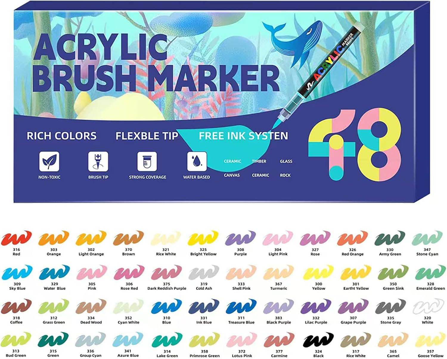 Acrylic Paint Markers, Soft Brush Tip Pens and Markers, 48 Colors Acrylic Paint Pens for Wood, Stone, Canvas, Glass, Fabric, Egg, Rock Painting and DIY Crafts Art Supplies