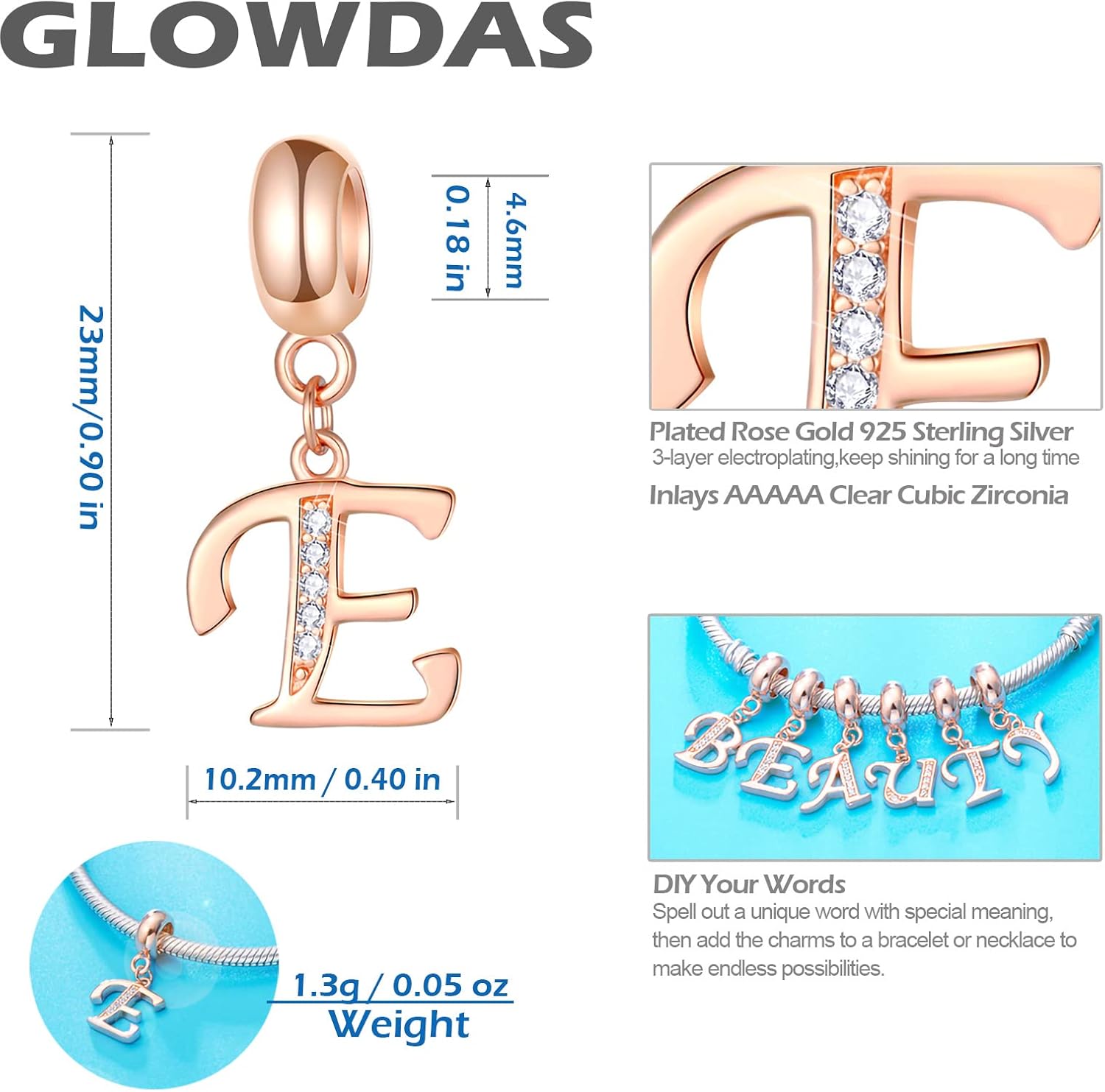 GLOWDAS Rose Gold Letter Charms Initial A-Z Alphabet Beads, 925 Sterling Silver Dangle CZ Birthstone Pendant, Mothers Day Birthday Gifts for European Charm Bracelet - Image 2