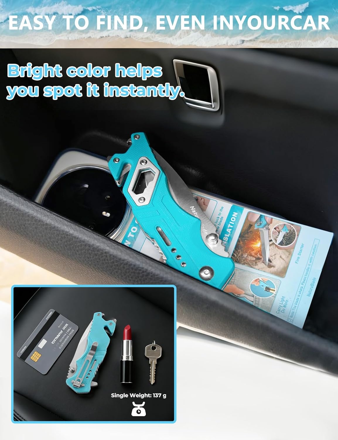 Blue Folding Knife 3" Serrated Blade 440 Steel,EDC Pocket Knife with Seatbelt Cutter,Lightweight Outdoor Gift for Camping Hiking Men Women