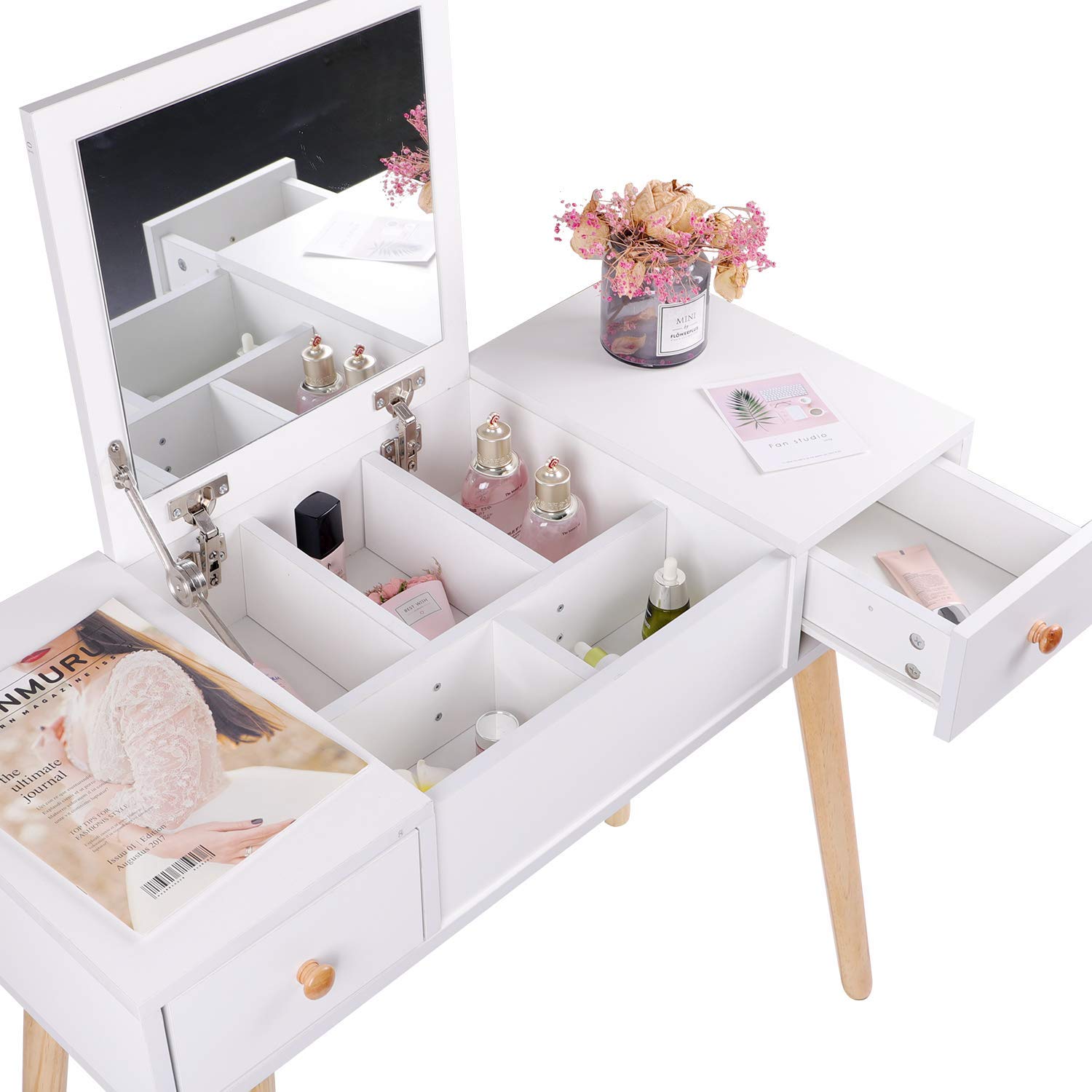Coiffeuse Moderne Avec Miroir Pliable Et Tabouret - Table De Maquillage 60x40x122 Cm MDF Blanc, Grand Rangement Rabattable