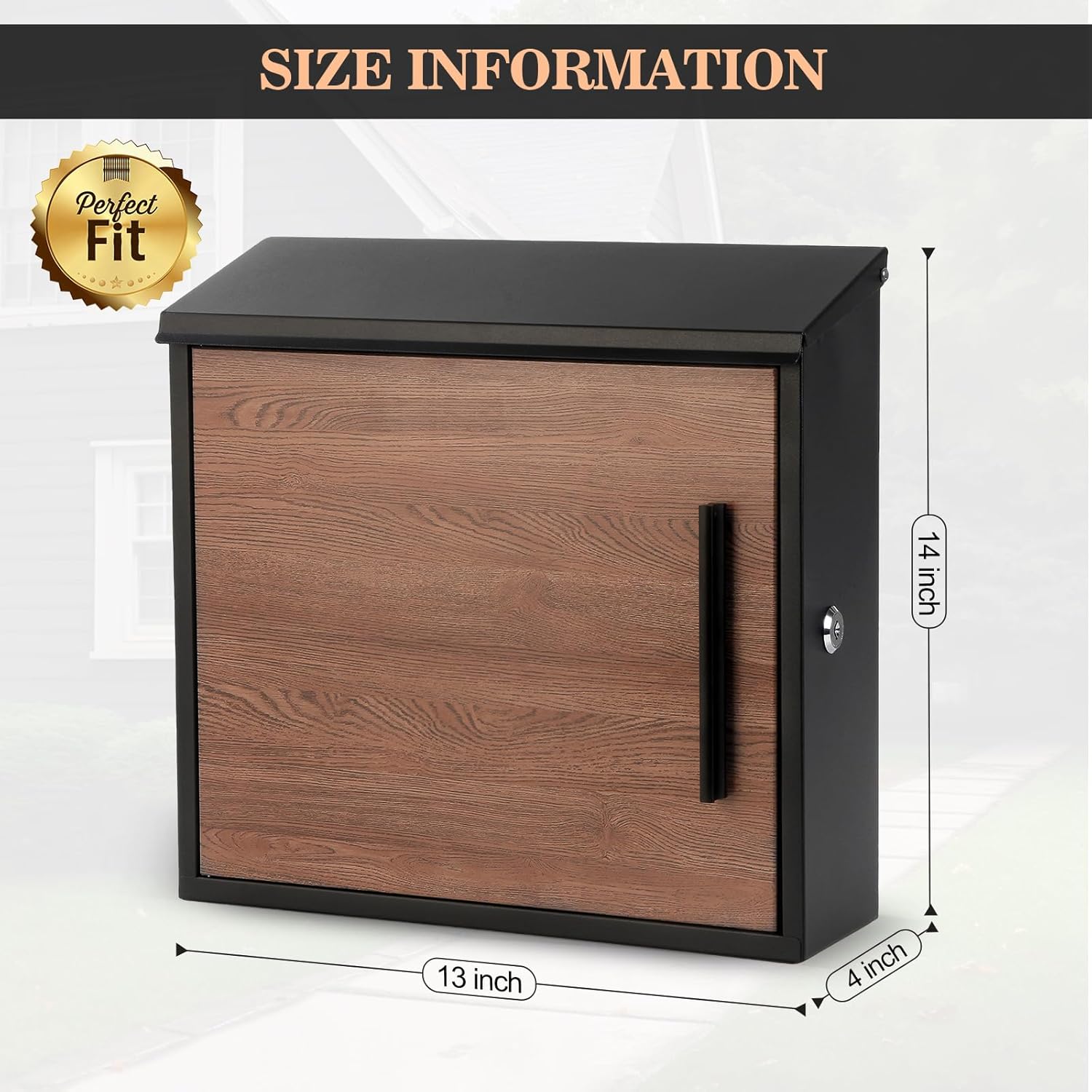 Sharp-tec Wall Mounted Mailbox, 13x14x4inch Large Capacity with Wood-Grain Steel Panel, Modern Metal Galvanized Steel Mailbox for Outside with Lock and Key Drop Box