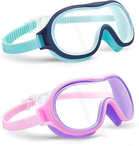 Aegend Paquete de 2 gafas de natación para niños de 3 a 15 años, antivaho, anti-UV, visión amplia, impermeables, sin fugas, para niños y niñas