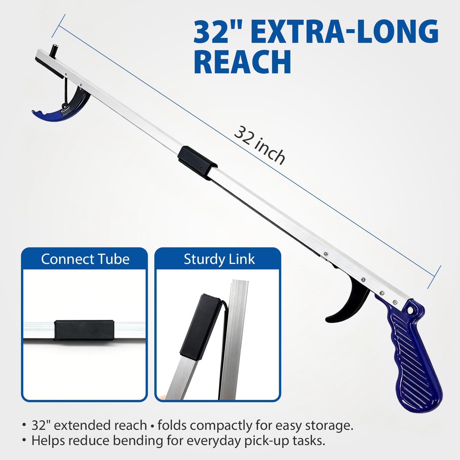 Blue Jay An Elite Healthcare Brand Nothing Beyond Your Reach Składany chwytak Reacher Długie narzędzie ręczne ze składanym uchwytem z magnetyczną końcówką | Długi ręczny uchwyt 81 cm