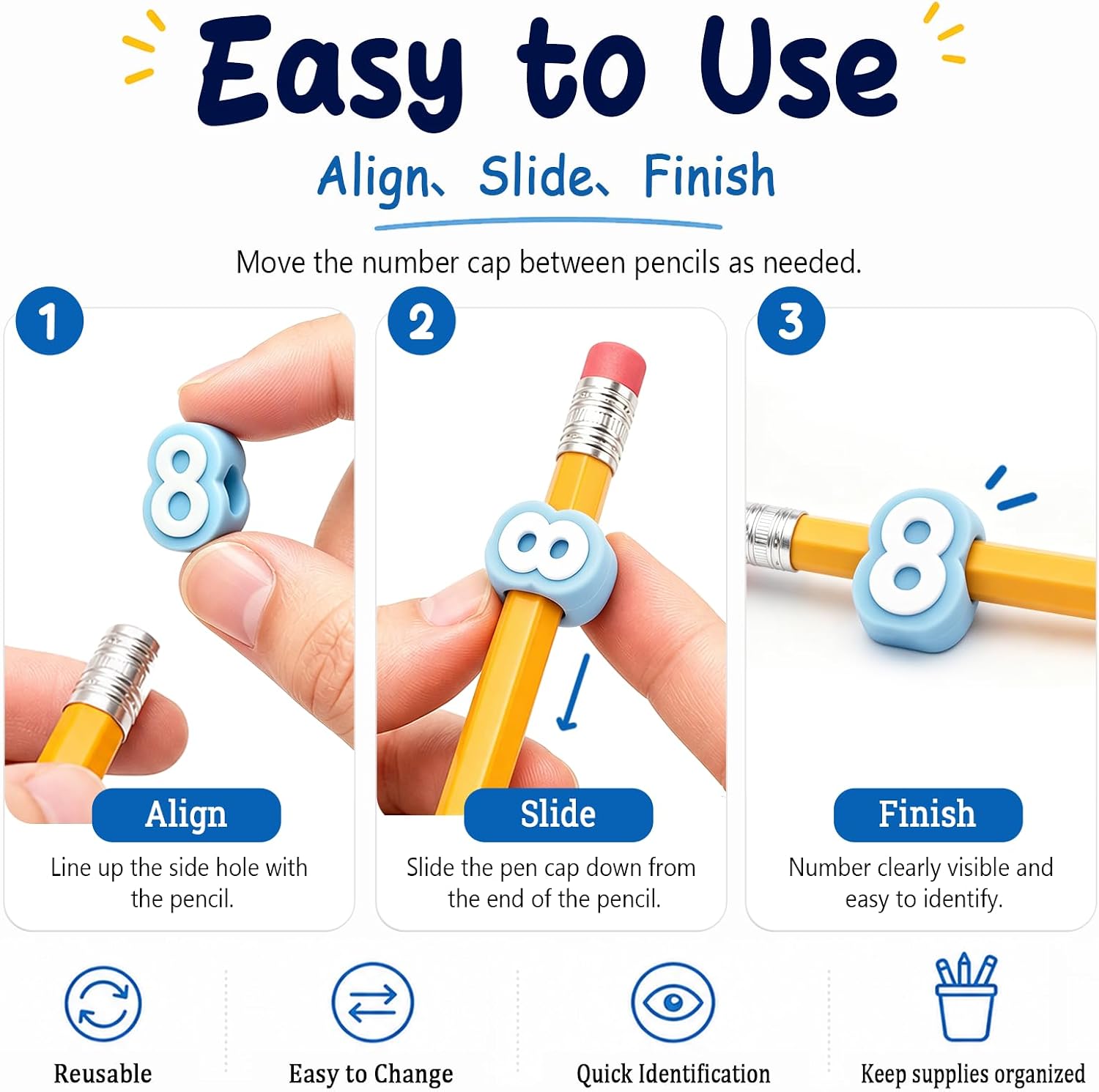 Numbered Pencil Toppers, 30/50 PCS, Reusable Classroom Labels and Identifiers, Cute 3D Pencil Charms for Teachers and Students, Classroom Organization & Supply Tracking(Numbers 1-30/Light Blue)