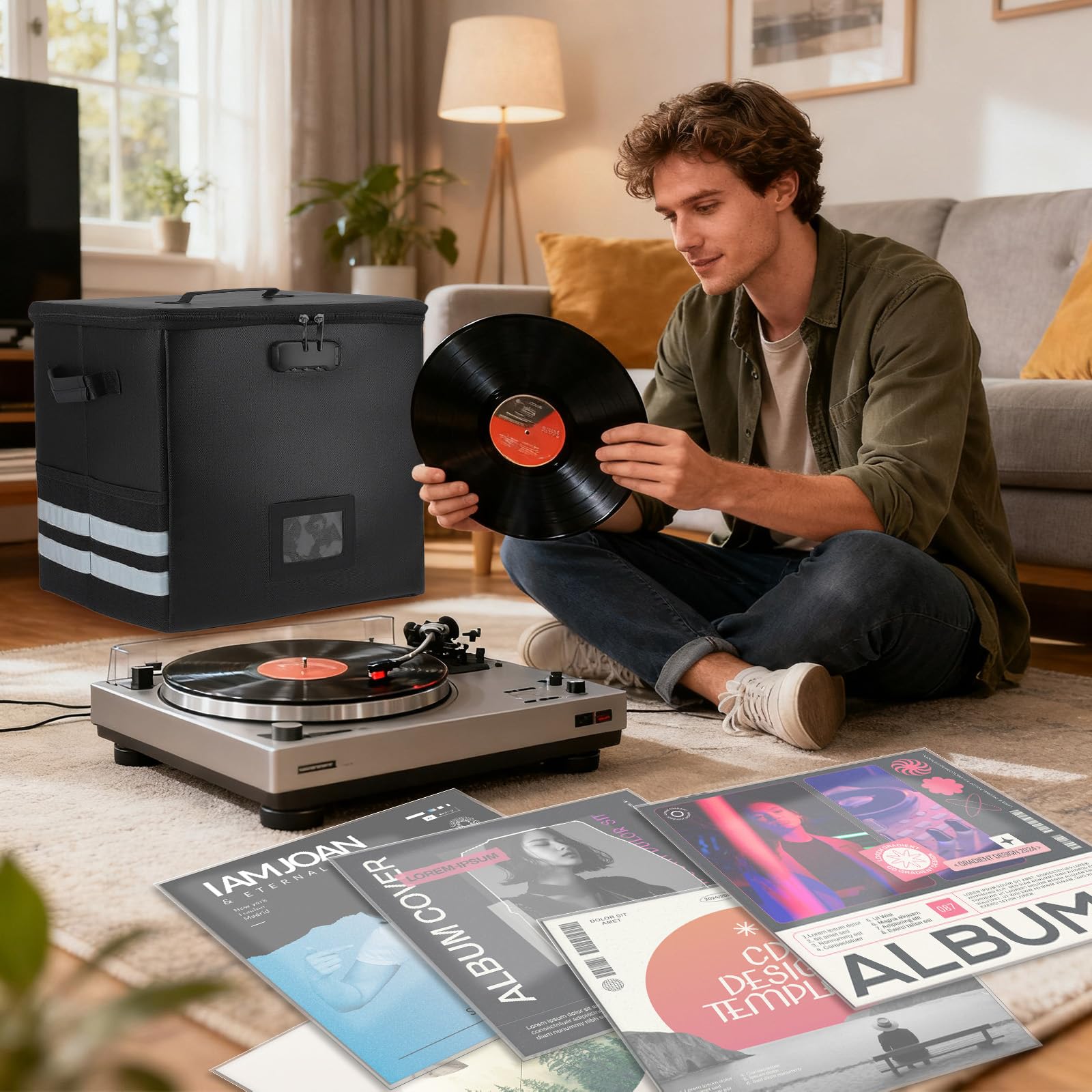 Almacenamiento de discos de vinilo con 100 fundas para discos, caja organizadora de discos ignífuga y resistente al agua con cerradura, fundas transparentes de vinilo sin arrugas, kits de protección