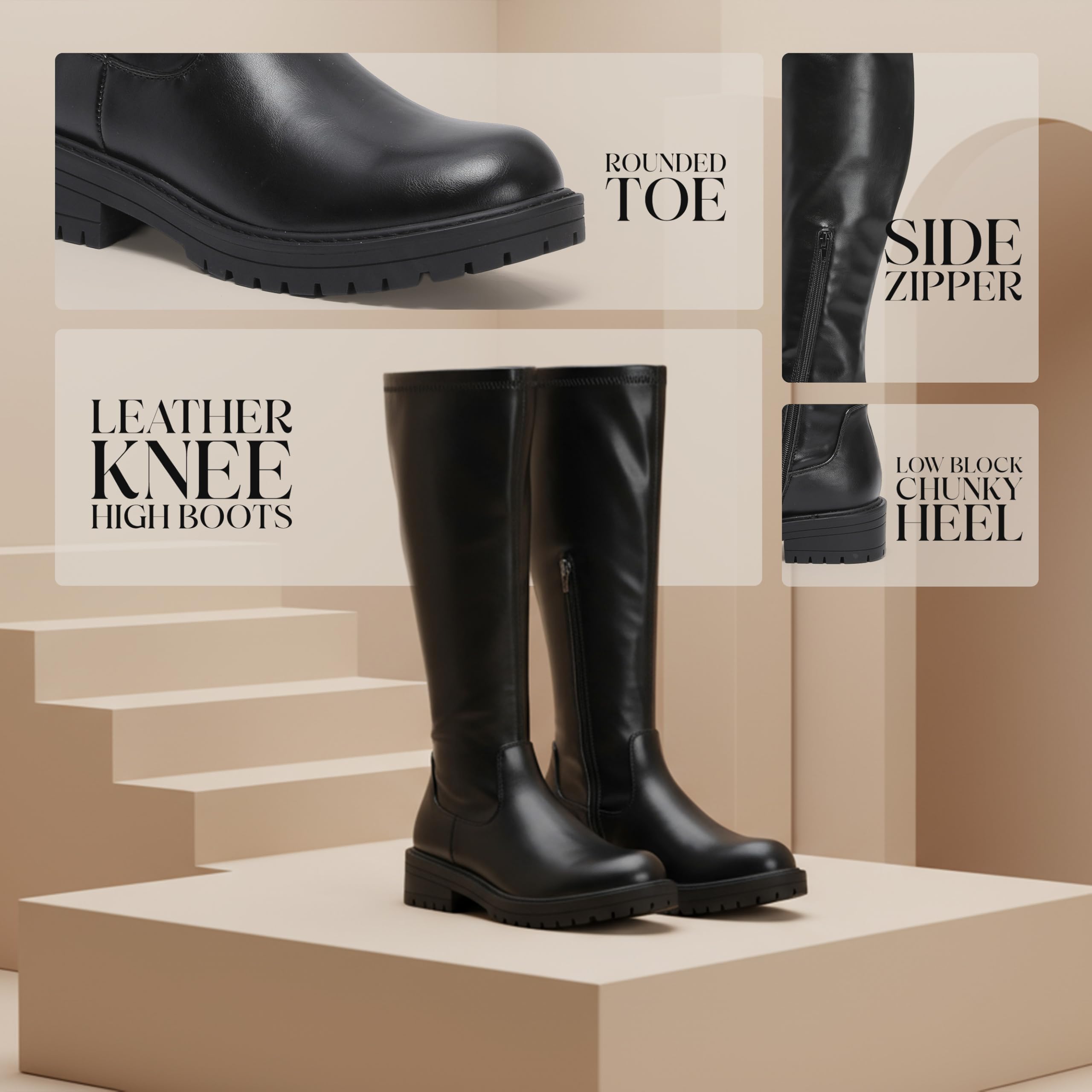 VIVASHOES Women's Black Knee High Flat Riding Boots Stretch – Faux Leather Winter Booties for Women, Slip-Resistant Chunky Sole, Low Heel Comfort Shoes – Stylish Everyday Tall Boots - Black 5