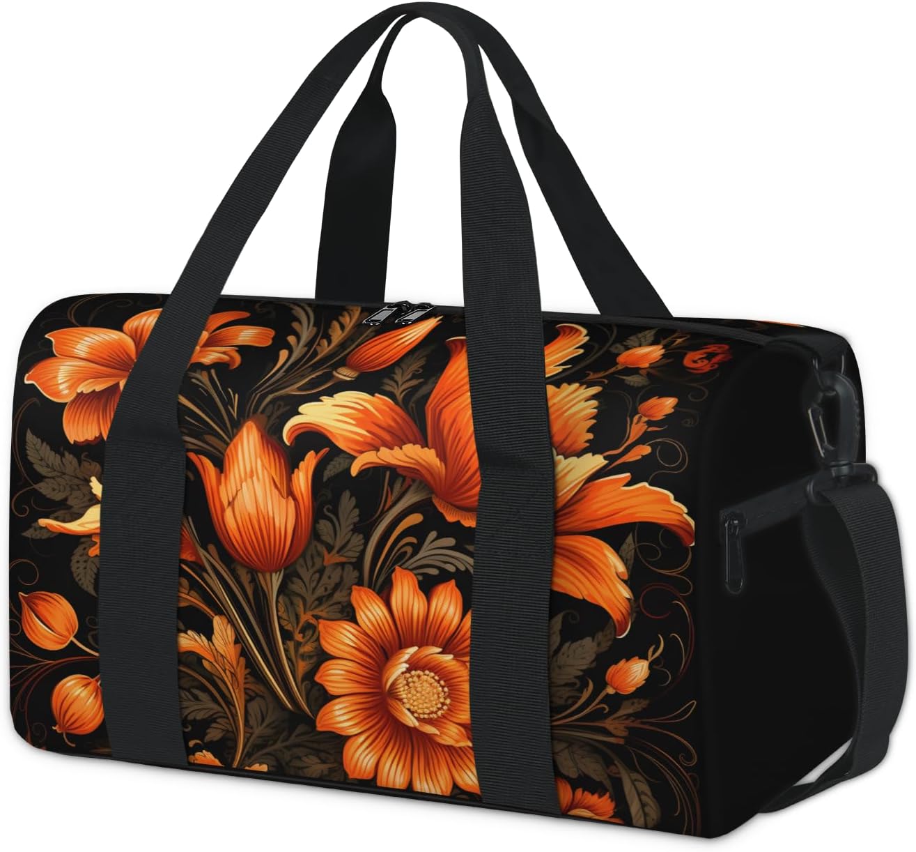 Flowers Overnight Travel Bag Unisex Orange Black Carry-On Size Tote Bag Suitable for Travel Duffle Gym Sports