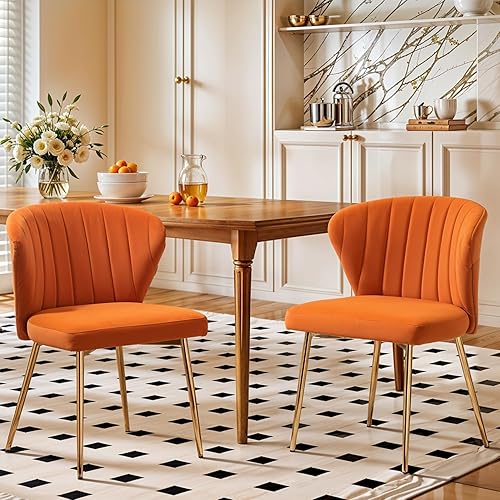 LOVSPATIO Velvet Dining Chairs Set of 2, Modern Upholstered Vanity Chairs with Golden Metal Legs for Dining Room Kitchen Vanity Patio (Orange)