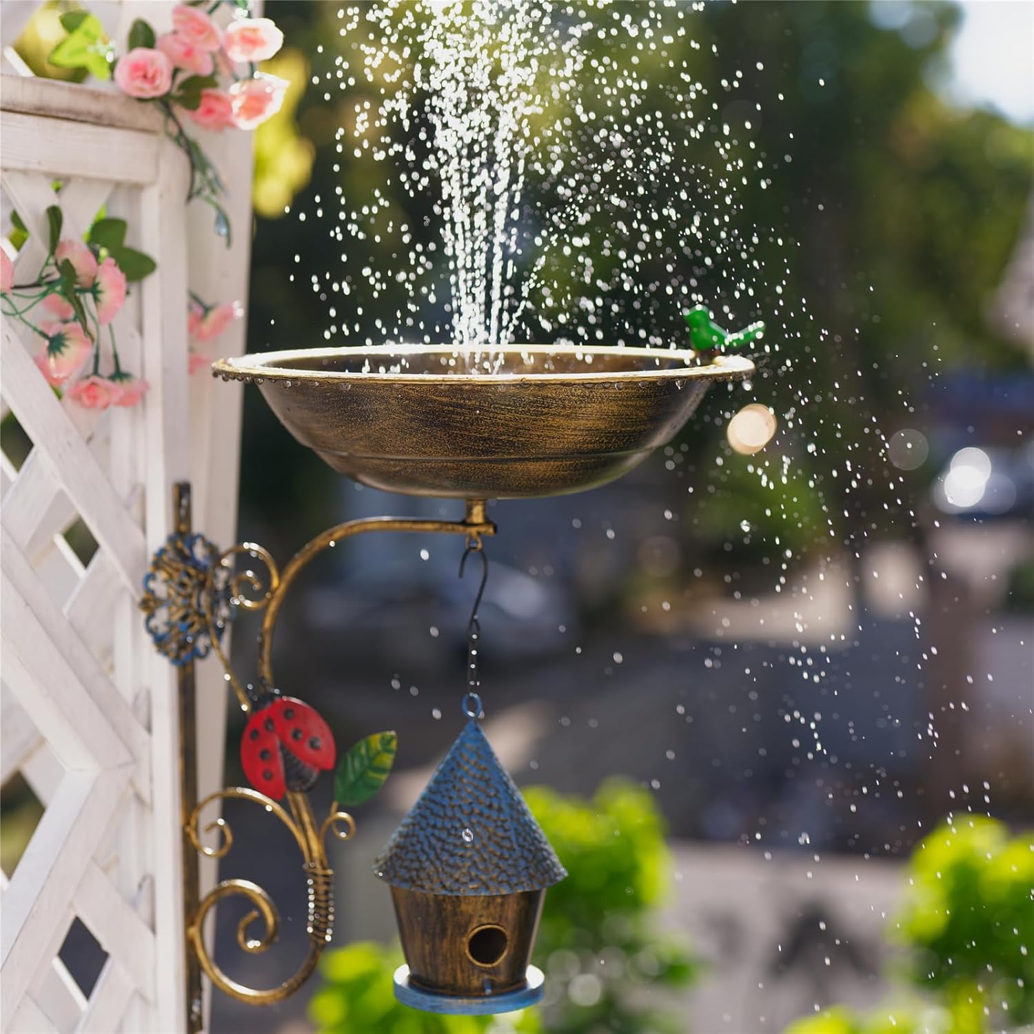 Metal Bird Bath for Outdoors, Wall Mounted Birdbaths Bowl with Birdhouse Set, 13 Inches Tree Mounted Bird Feeder for Outdoor Garden Fence Deck Patio Decor