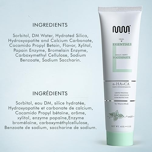 Miniatura 9 de MasterMedi Pasta de dientes natural y raspador de lengua, esenciales orales, sin flúor con nanohidroxiapatita, dientes sensibles y blanqueamiento,