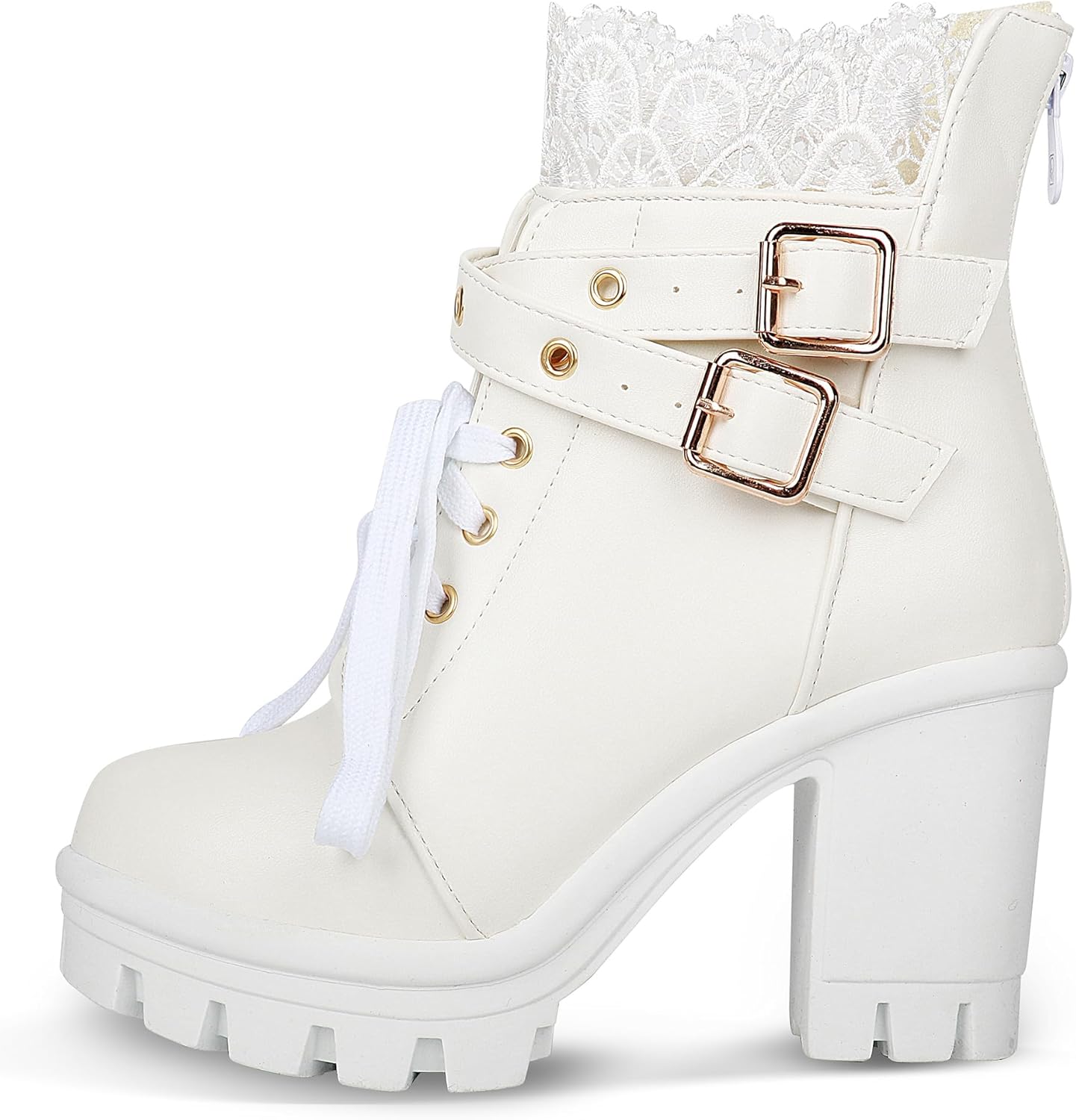 BEAUPAS Women's Chunky Platform High Heel Boots Lace Up Gothic Ankle Booties Block Heel Buckle Punk Shoes(White/1,10)