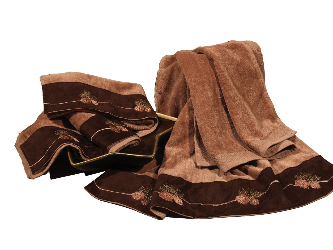Paseo Road Lodge Pine Cone 3 Piece Rustic Bathroom Towel Set, Mocha Lodge Towels with Embroidery, Cabin Bath Towel, Hand Towel and Finger Towel