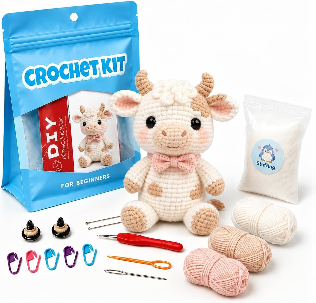 Hookcrafted Cute Bow Tie Cow Crochet Kit for Beginners, Complete Amigurumi Starter Supplies Set, Handmade Farm Animal Plush DIY Craft Gift for Craft Lovers & Women