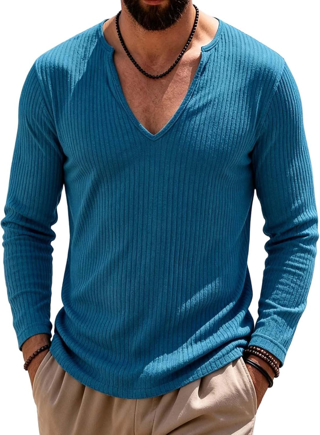Mens Ribbed V Neck Shirt Long Sleeve Slim Fit Casual Knit Tops