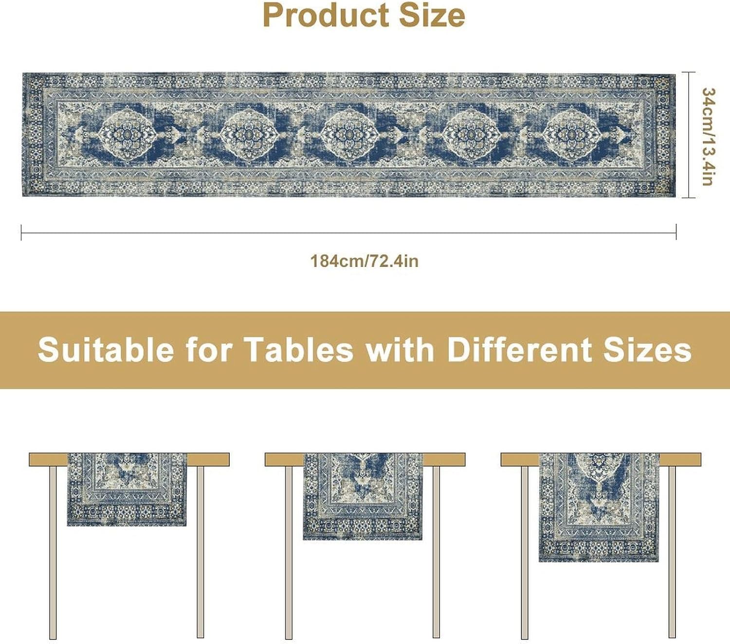 Boho Bohemia Style Blue Teal Table Runner, Country Rustic Farmhouse Magical Abstract Print Pattern for Home Kitchen Table Decor Dining Coffee Room Garden Party Decor 13x120 Inch