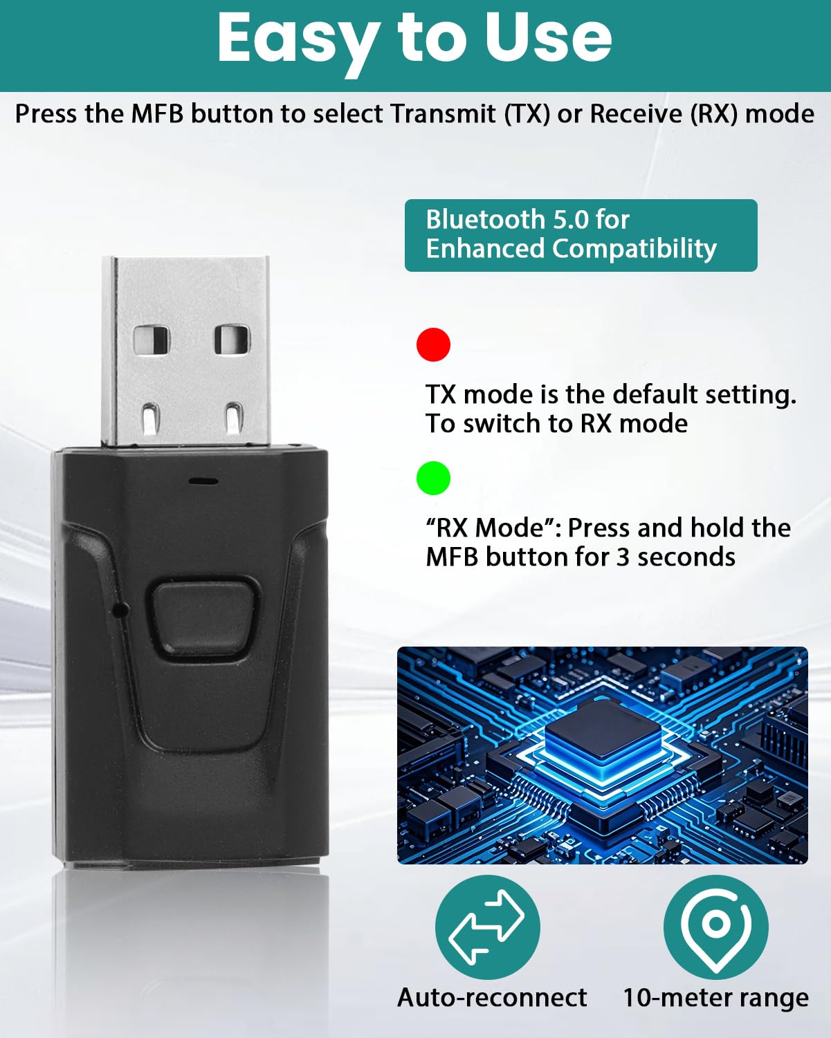 Adattatore USB Bluetooth 2 in 1 per TV, PC, Auto, Cuffie, Altoparlanti e Stereo – Trasmettitore e Ricevitore Bluetooth 5.0 Mini Chiavetta Audio, Jack 3.5mm, Senza Batterie, Porta USB