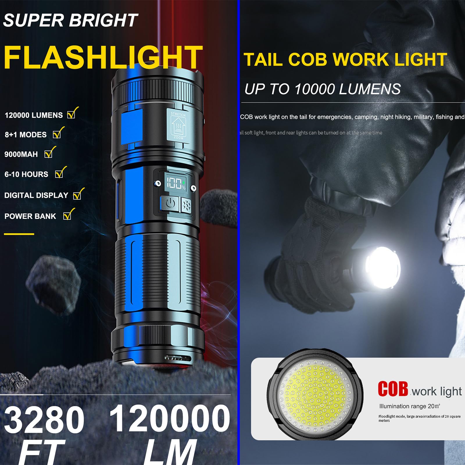 Torcia ricaricabile, 12000 lumen, torcia LED super luminosa con luce da lavoro COB, ad alta potenza, potente torcia portatile per emergenze, campeggio, escursionismo (nero)