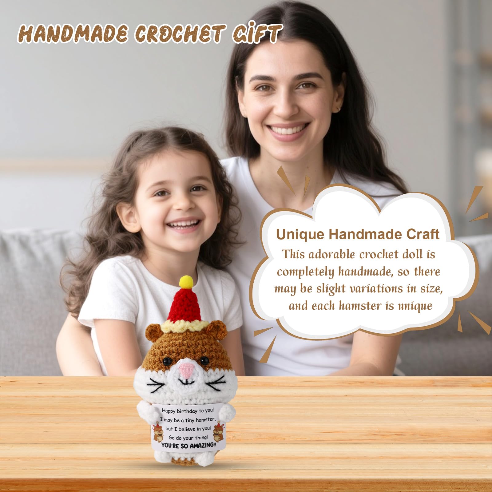 Mini Plüsch Hamster – Gehäkelter Emotionaler Unterstützungsbegleiter Mit Positiver Karte, Weiches Wollgarn, Geschenk Für Frauen, Mädchen, Teenager & Freunde