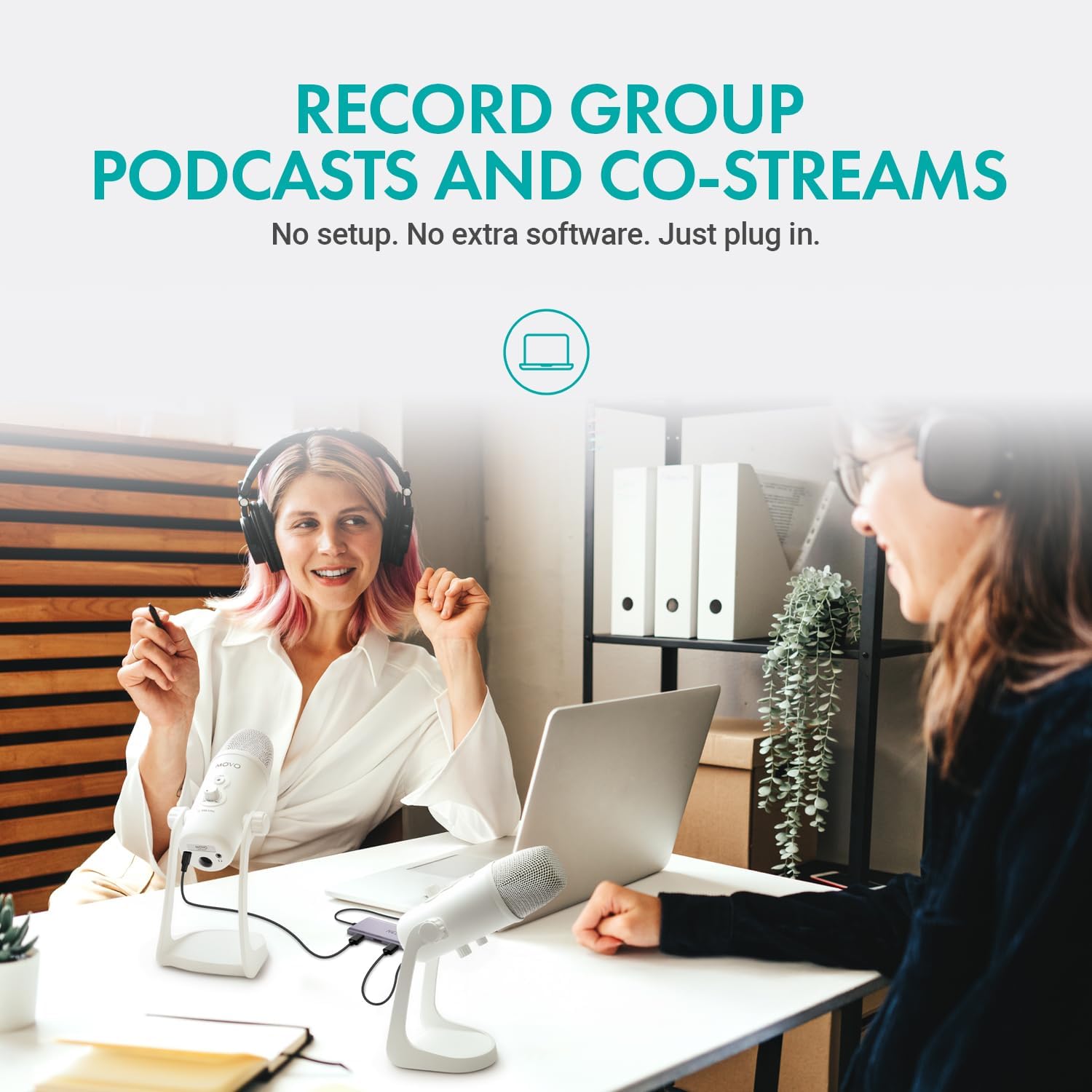 Movo USB Podcast Equipment Bundle for 2 – USB Interface with 2 UM700 Condenser Microphones – 4-Port Powered Hub for Streaming, Podcasting, Interviews (White) - Image 6