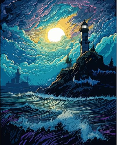 Miniatura 3 de Juegos de pintura por números, luna llena y barco de paisaje marino, lienzo de 16 x 20 pulgadas, pintura al óleo de cielo dramático para niños y