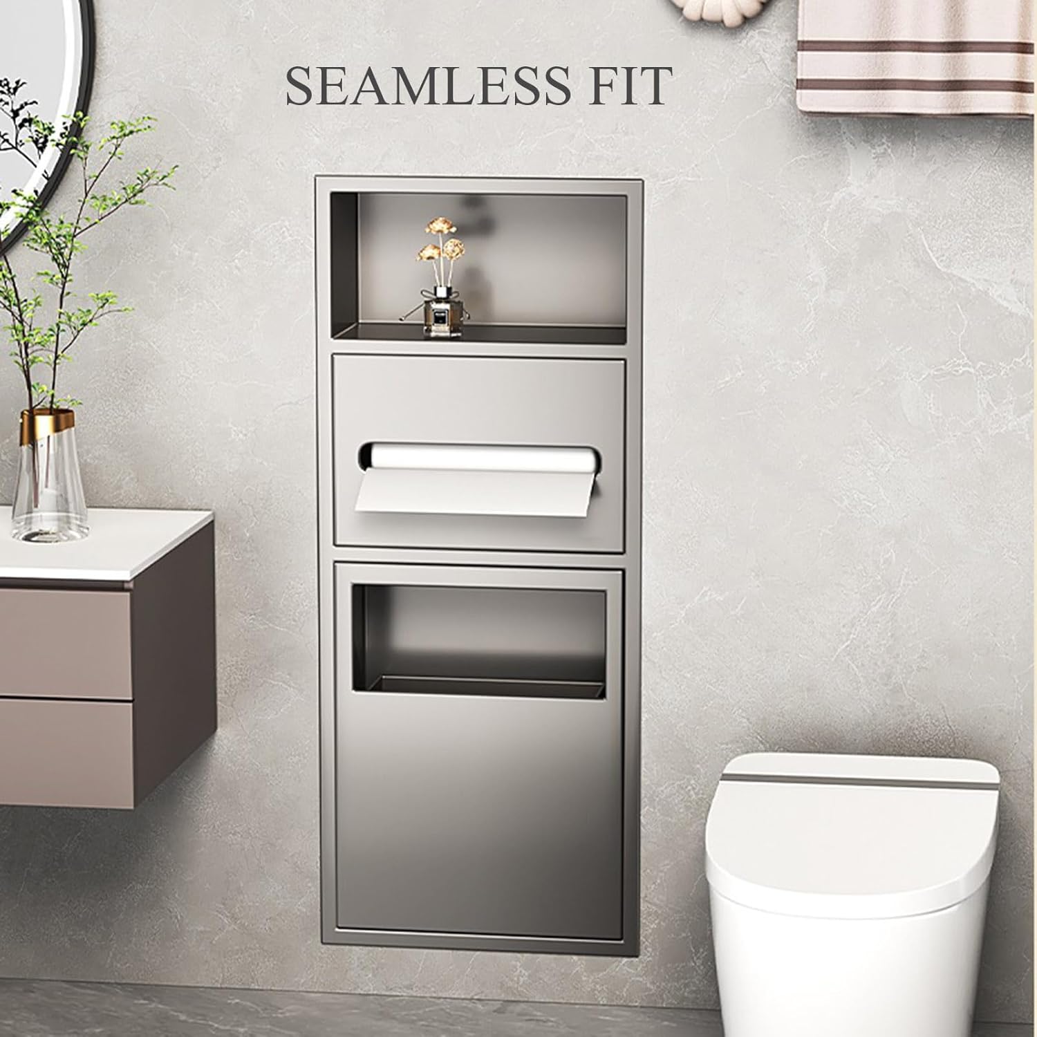 Recessed Shower Niche Bathroom Wall Storage Shelf Organizer ,Stainless Steel Shower Shelf Recessed Toilet Paper Holder Shower Niche Built-In Trash Can Rack, for Kitchen Living Room Hotel Residentia