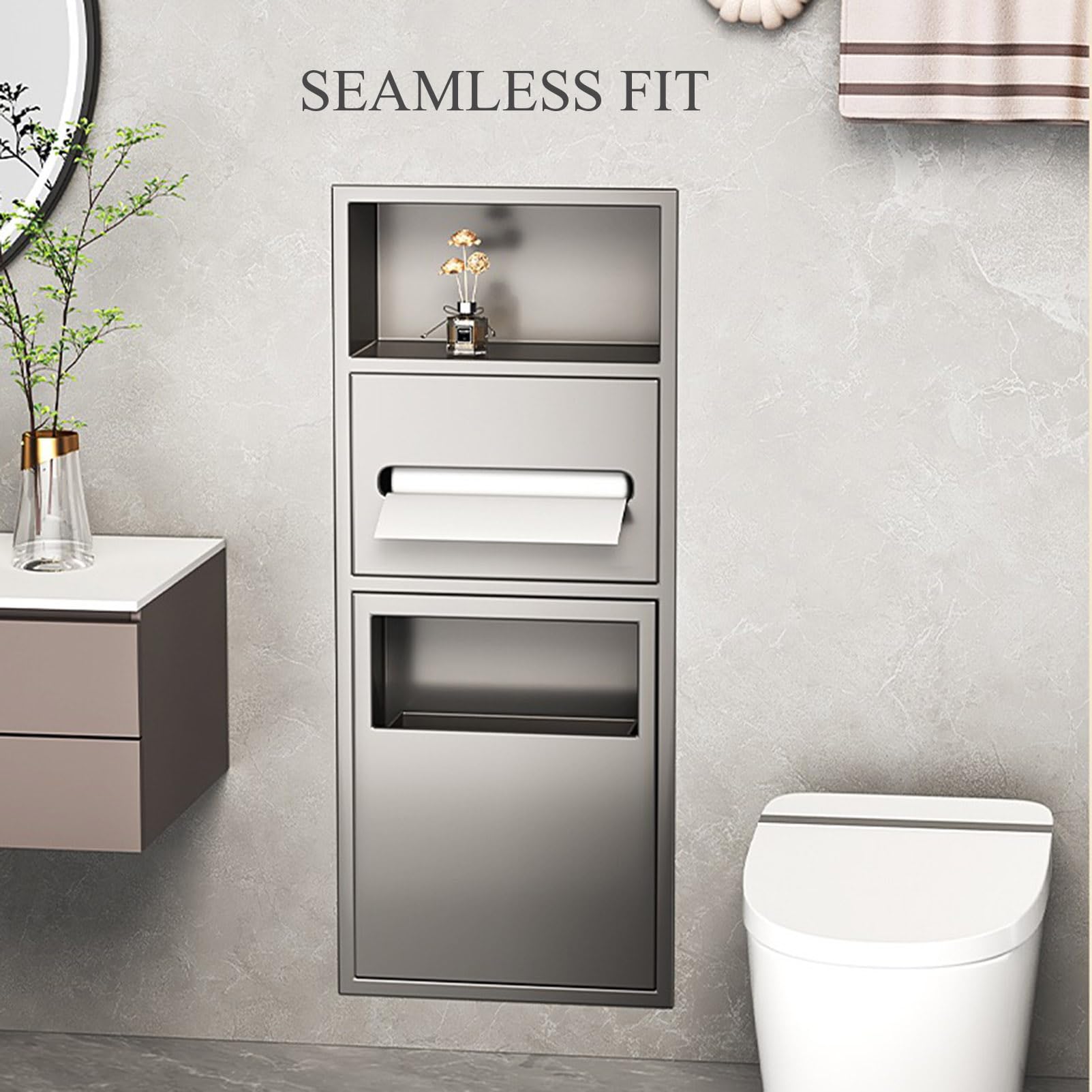 Estante empotrado para ducha, estante de pared de acero, soporte de papel higiénico integrado y basurero para baño, cocina, sala de estar, hotel