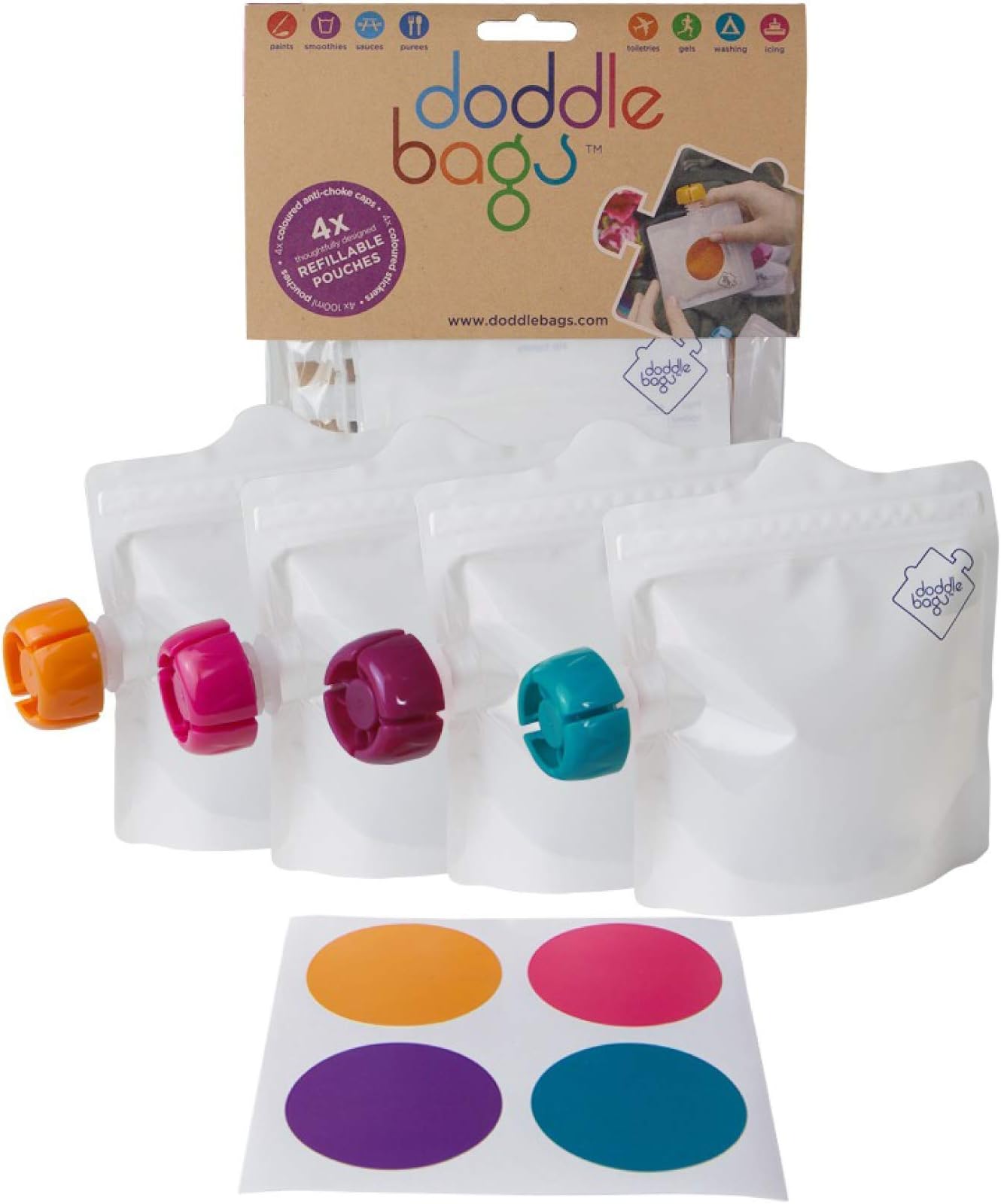 ~ ECO Reusable Squeeze Pouches for Baby Food, Cooking, Food Storage, Arts, Crafts & Travel ~ 4 x 100ml Pouches, 4 x Stickers & 4 x Anti-Choke Caps