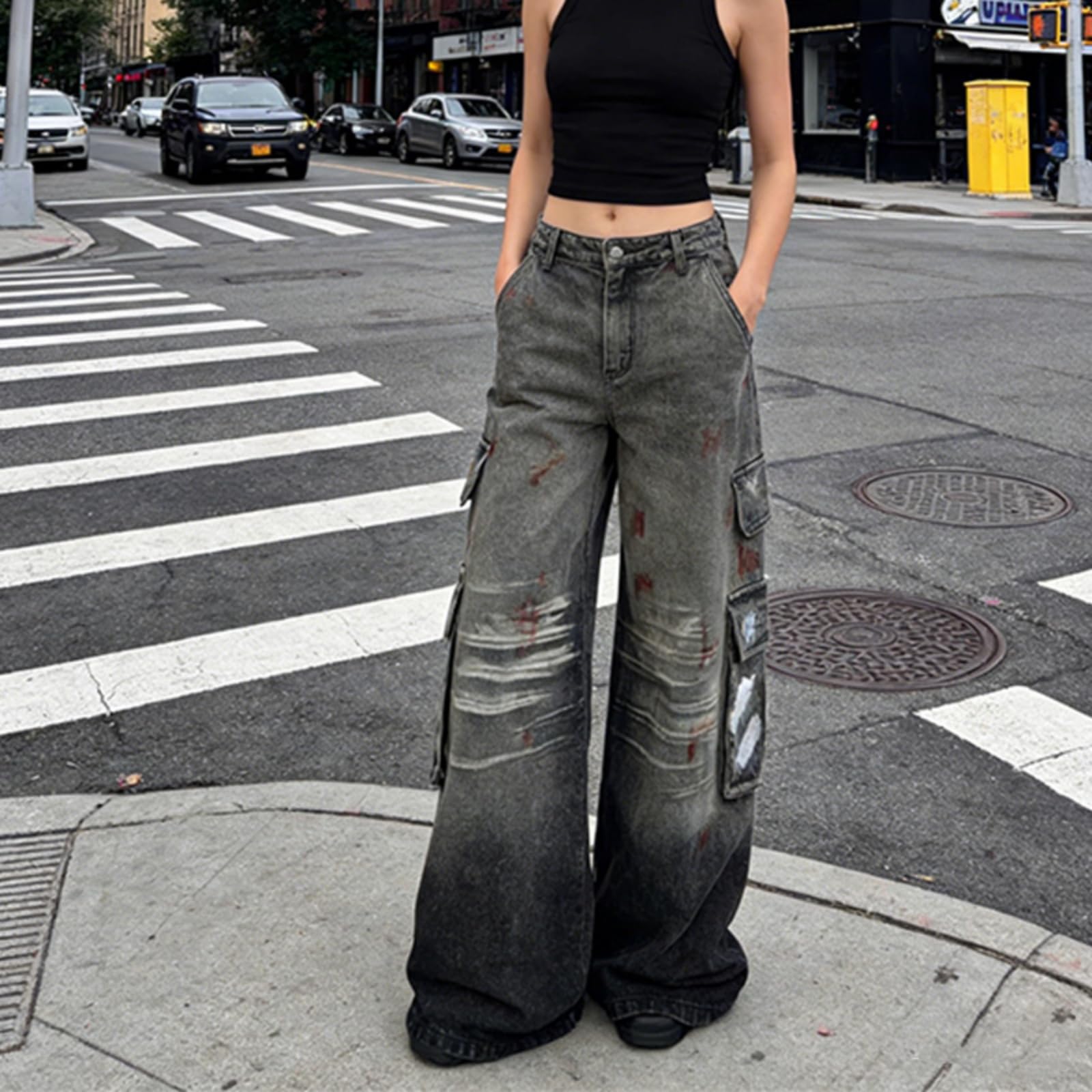 Unisex Boyfriends Gamba Larga Jeans Jeans Retro Larghi Denim Larghi Pantaloni Hip Hop Vita Media Jean Streetwear Unisex Graffiti Baggy Grunges Hiphop Streetwear Harajukus