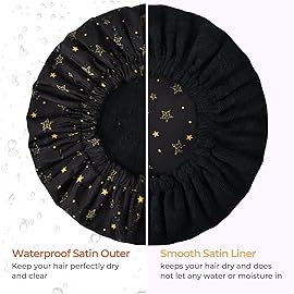 Shower Cap for Women Terry Lined Bath Cap Large Reusable Waterproof Elastic Band Black Star Shower Caps for Long Thick Hair Soft Bath Shower Hair Caps