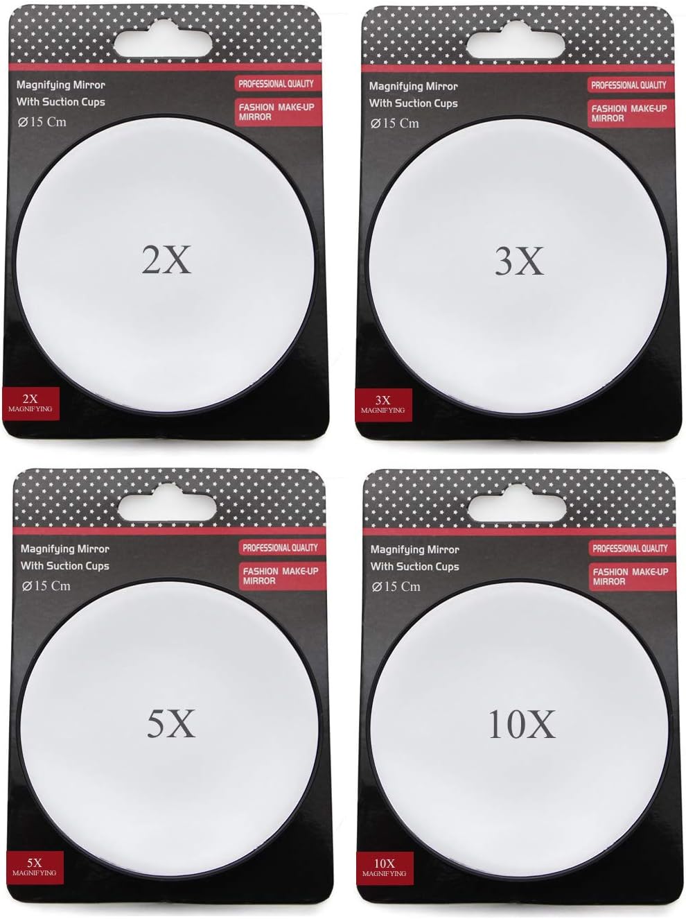 Store2508 Bundle Deal Magnifying Mirrors-2x; 3X; 5X and 10x for Makeup; Shaving; (Black; Diameter 15 cm) Pack of 4