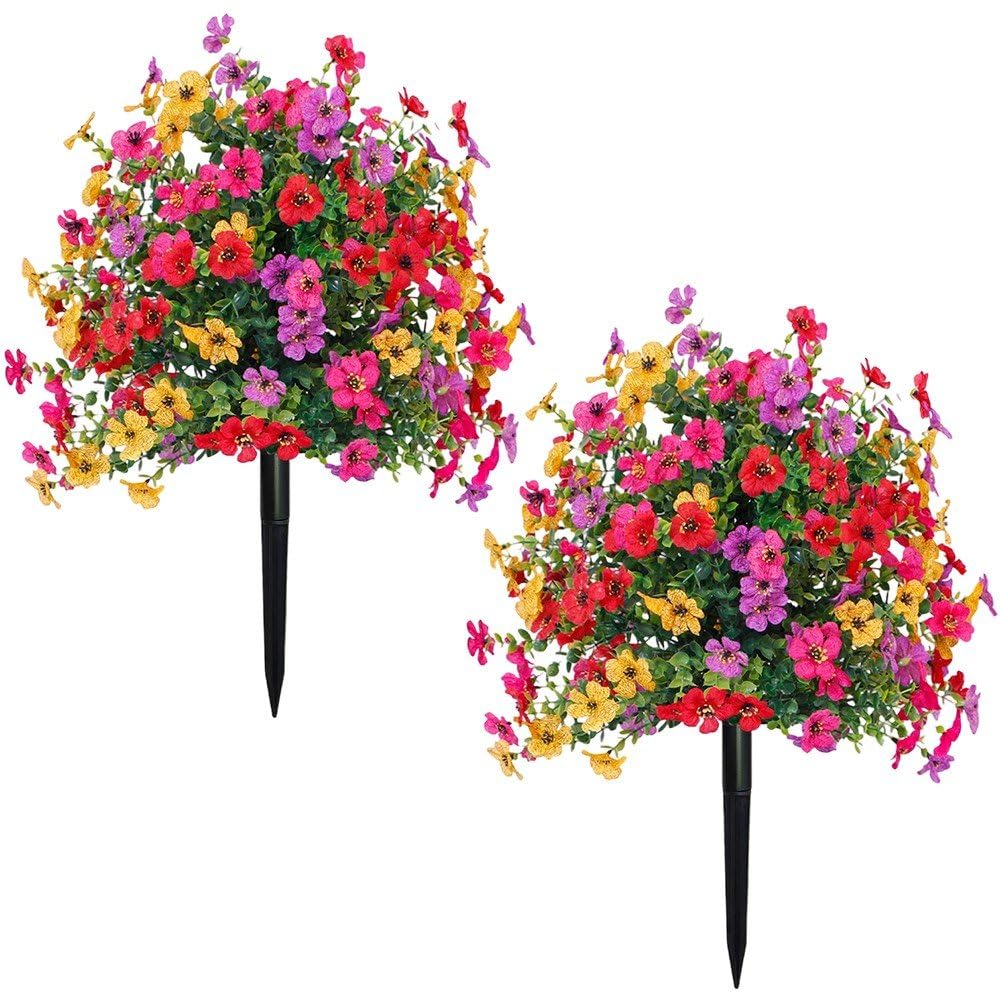 Fituenly As Shown 2Pcs Artificial Flowers, Outdoor Uv Resistant Fake Flowers With Ground Spike, Artificial Topiary Ball Trees, Artificial Plants Outdoor For Garden, Yard, Front Porch, Patio Decor (Multicolor)