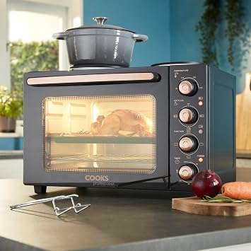 Cooks Professional Mini Portable Oven with Hobs | Energy Efficient Electric Countertop Cooker with Two Hot Plate Hobs & Wire Rack Baking Tray | Kitchen Table Ovens | 34L Capacity | Black and Copper