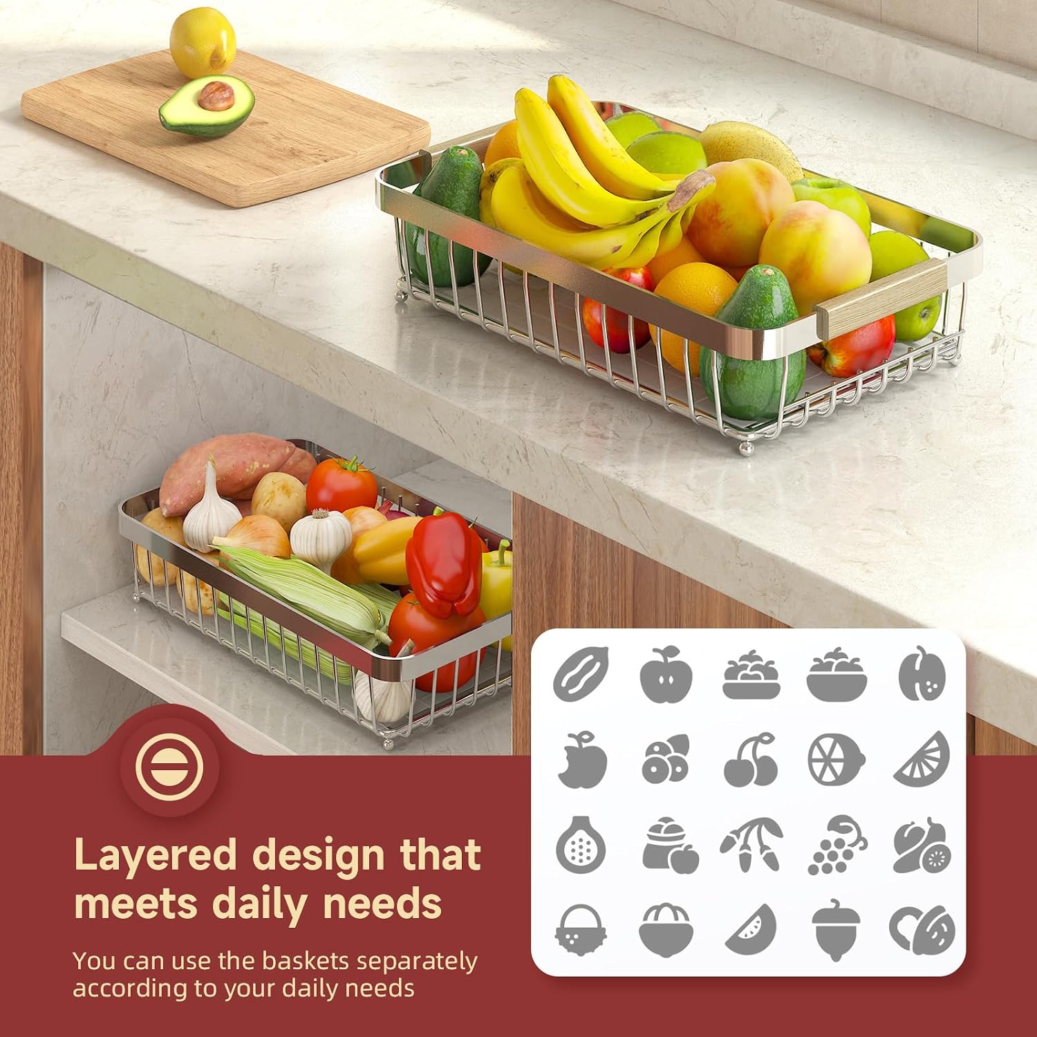 Sevenblue 2-Tier Fruit Basket with Banana Hangers, Detachable Metal Bowl image 4