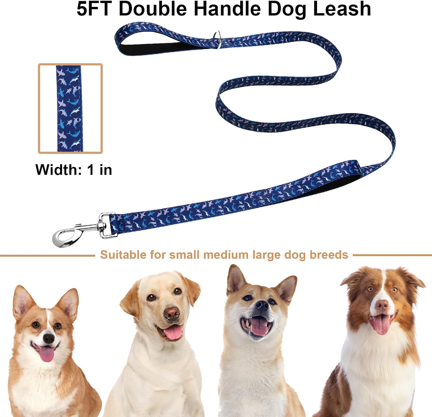 5FT Double Handle Dog Leash Bundle with Martingale Collar for Medium Dogs, Shark image 5
