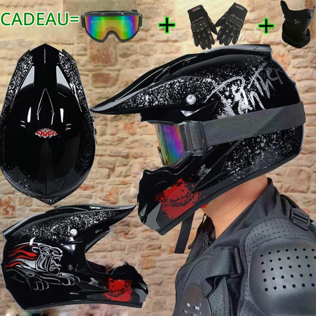 Casque Moto Cross Enfant,Noire Casque VTT Integral Casque Enfant Cross with Lunettes Gants Masque Coupe-Vent VTT Motocross Helmet Certification Dot,Noir