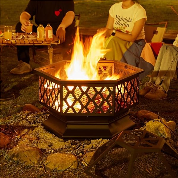 Yaheetech Fire Pit Heavy Duty Fire Bowl Large Fire Pit with Mesh Poker for Outside Patio Heater/Camping Bonfire/Garden/Backyard/Poolside, Hexagon Shaped, Black - 2