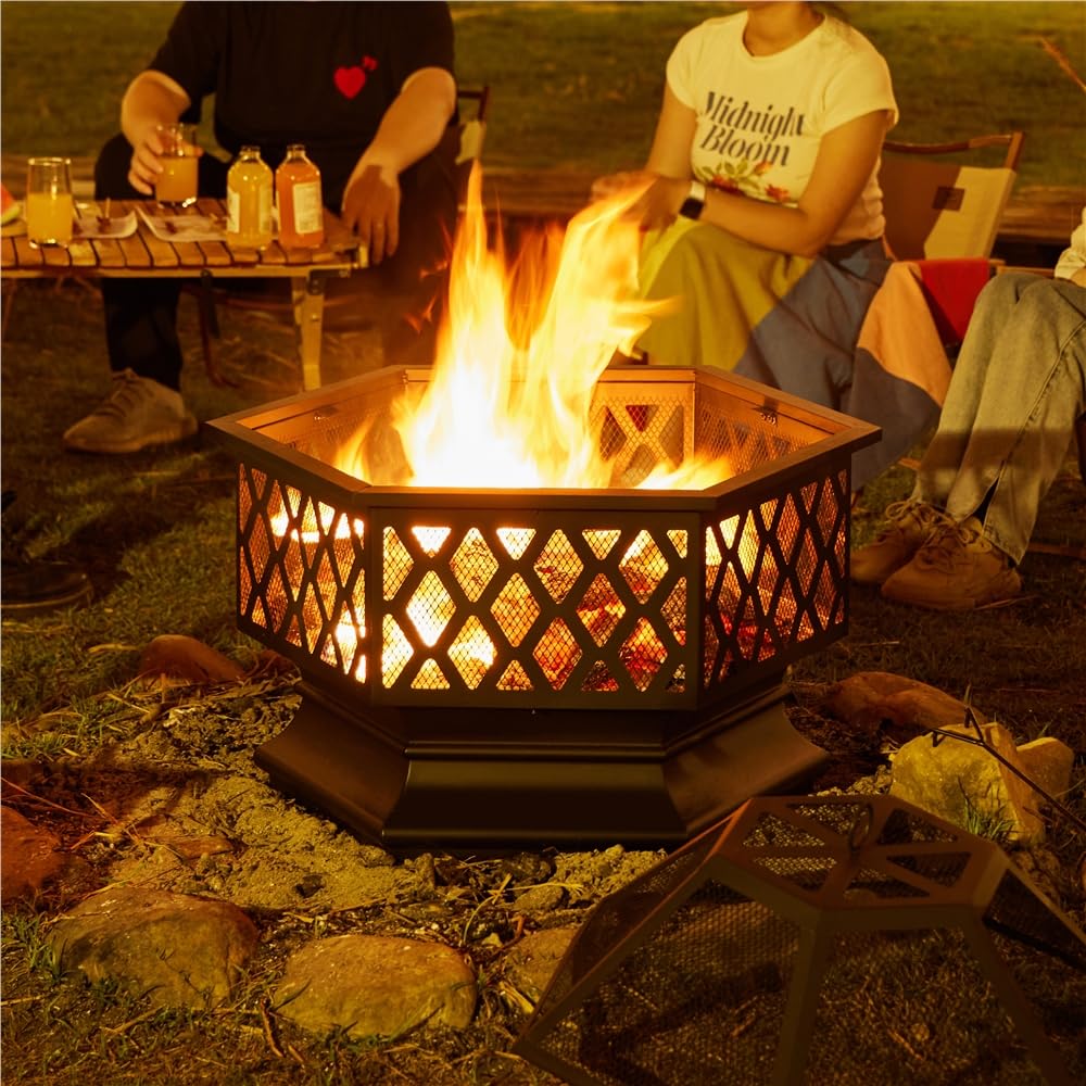 Yaheetech Brasero Exterior Leña Brasero Jardin Hexagonal Estufas para Terrazas Chimenea Portátil Grande 61x61x62cm Negro