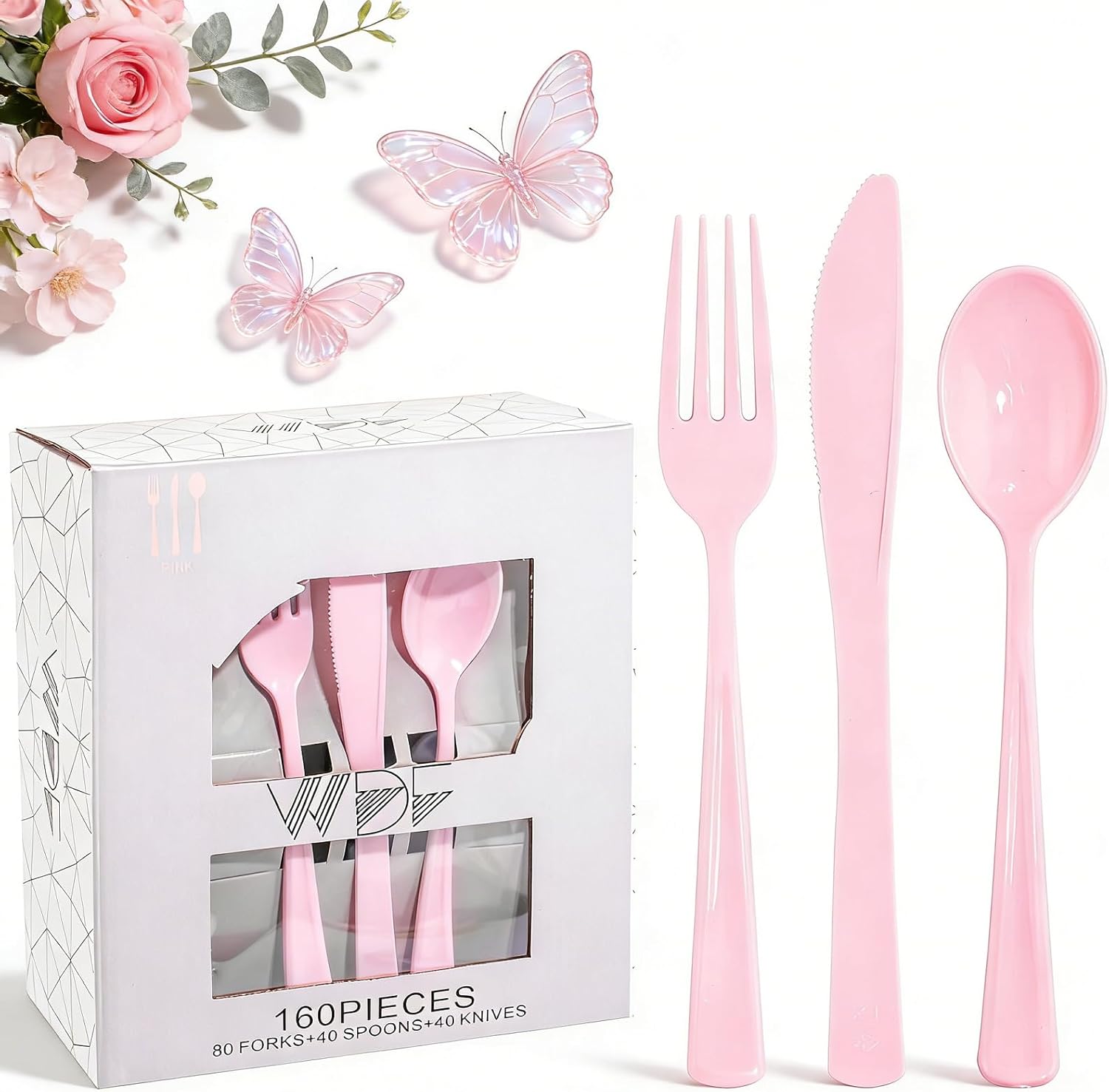 WDF 160 Piece Pink Plastic Silverware - Heavy Duty Pink Silverware Includes 80 Forks, 40 Spoons, 40 Knives, Plastic Utensils Perfect for Wedding/Party/Mother's Day