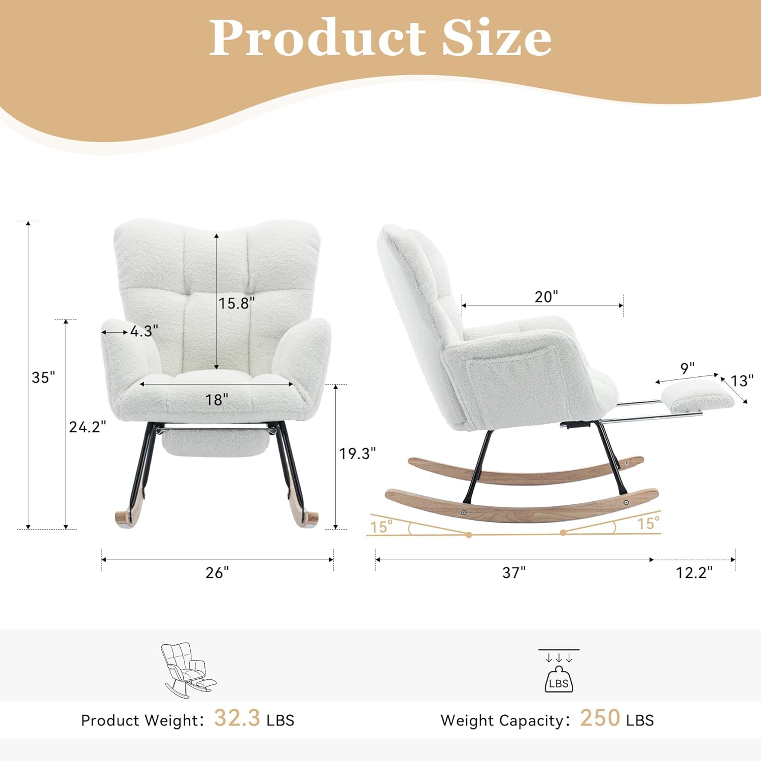 Teddy Fabric Rocking Chair with Adjustable Footstool, Nursery Swivel Glider Rocker for Living Room Bedroom, High Backrest Comfort Rocking Chair with Storage Pocket, Ivory Modern Accent Chair